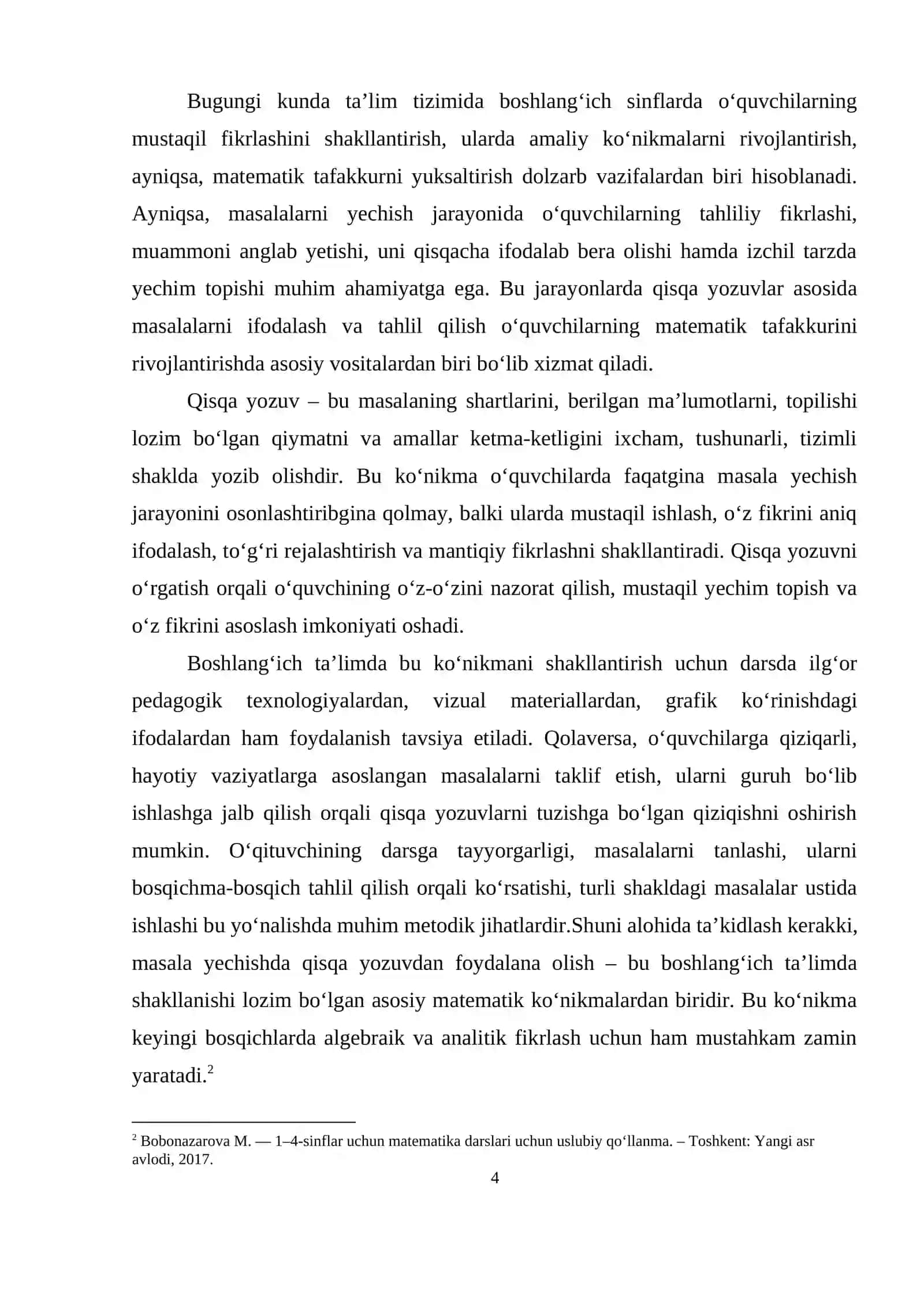 Boşlang‘ich 3-4-sinflarda matematikadan masalalar yechishda qisqa yozuv koʻnikmasini shakllantirish metodikasi 4