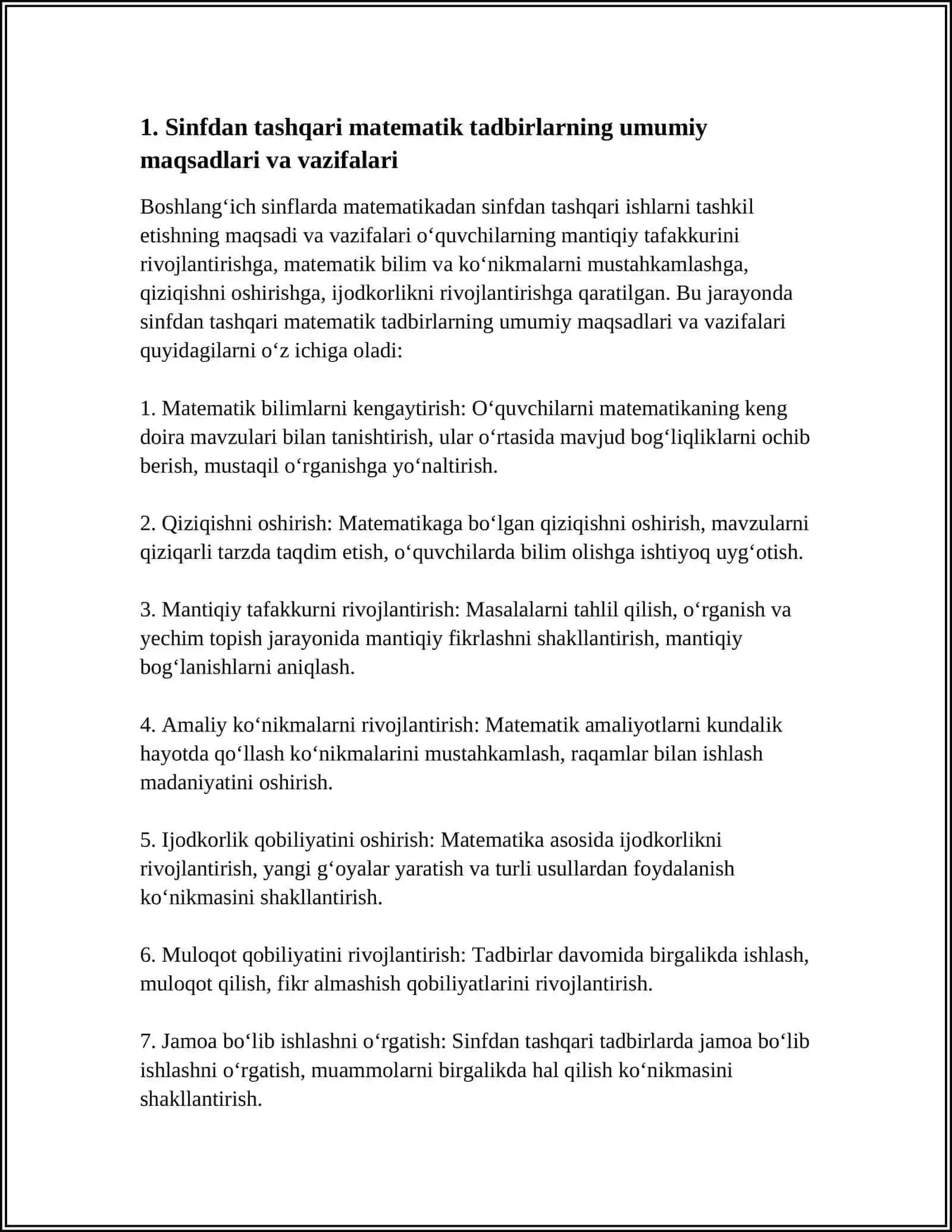 Boshlang'ich sinflarda matematikadan sinfdan tashqari ishlarni tashkil etishning maqsadi va vazifalari 4