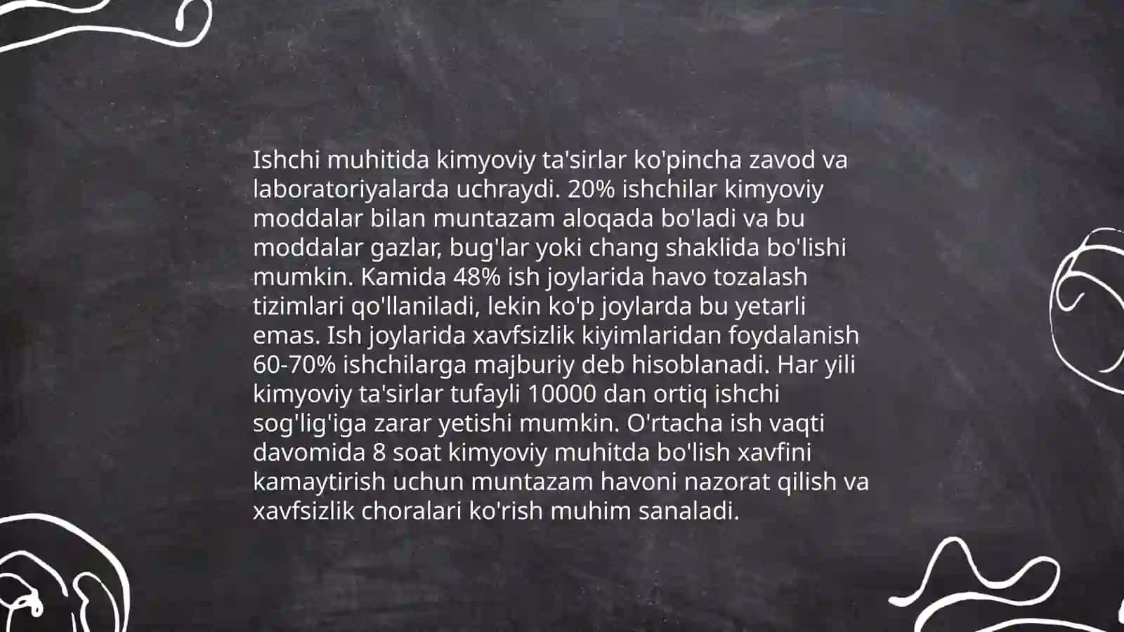 Ish joyida uchraydigan kimyoviy ta'sirlar va ularni gigiyenik baholash. Ish joyida uchraydigan zararli ta'sirlarni gigiyenik me yorga (reglamentlash) keltirish (PDK, PDU, PDD) 4