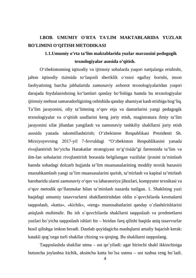 Umumiy o’rta ta'lim maktablarida yuzlar mavzusini pedogogik texnologiyalar asosida o’qitish 4