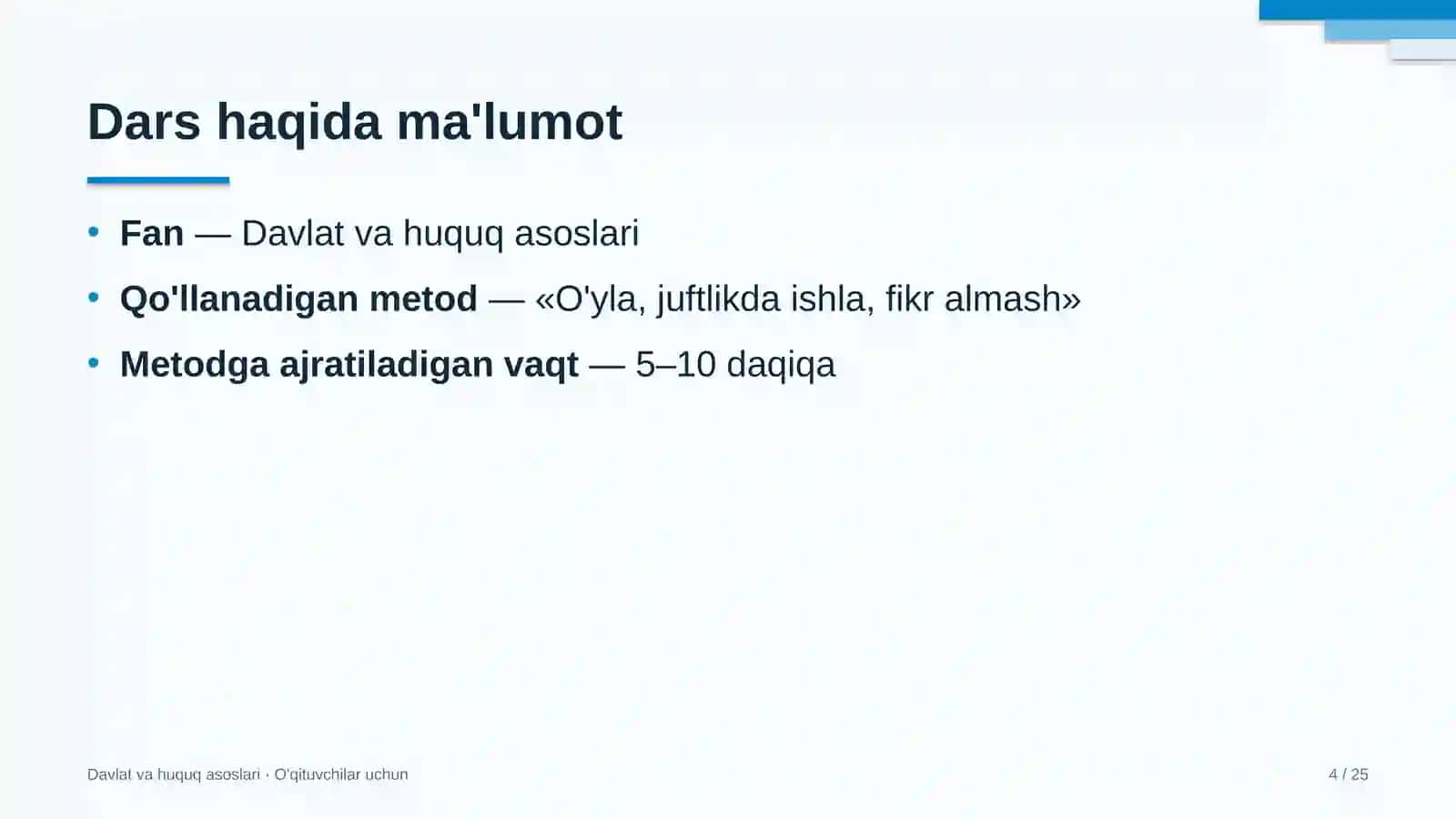 davlat va huquq asoslari darslarida o'yla juftlikda ishla fikr almash metodidan foydalanish 1197 4