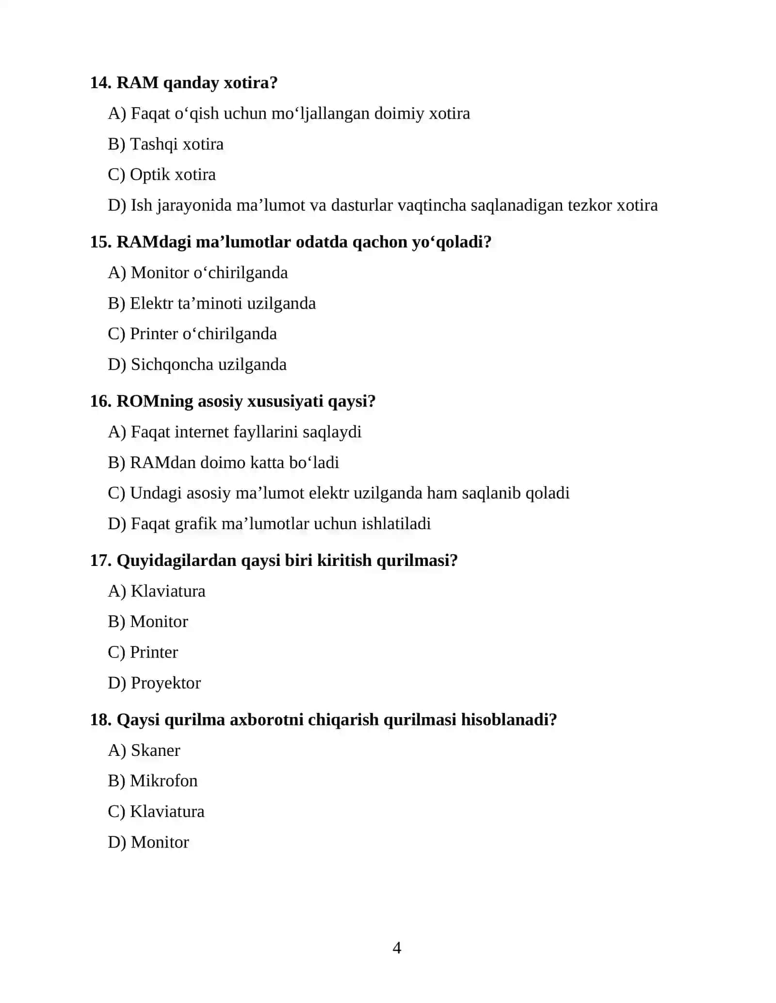 AXBOROT TEXNOLOGIYALARI FANIDAN OTM 1-KURS UCHUN 100 TA TEST 4