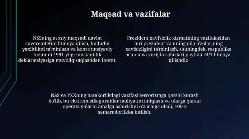 Milliy xavfsizlik xizmati (MXX) va Prezident xavfsizlik xizmati (PXX) 4