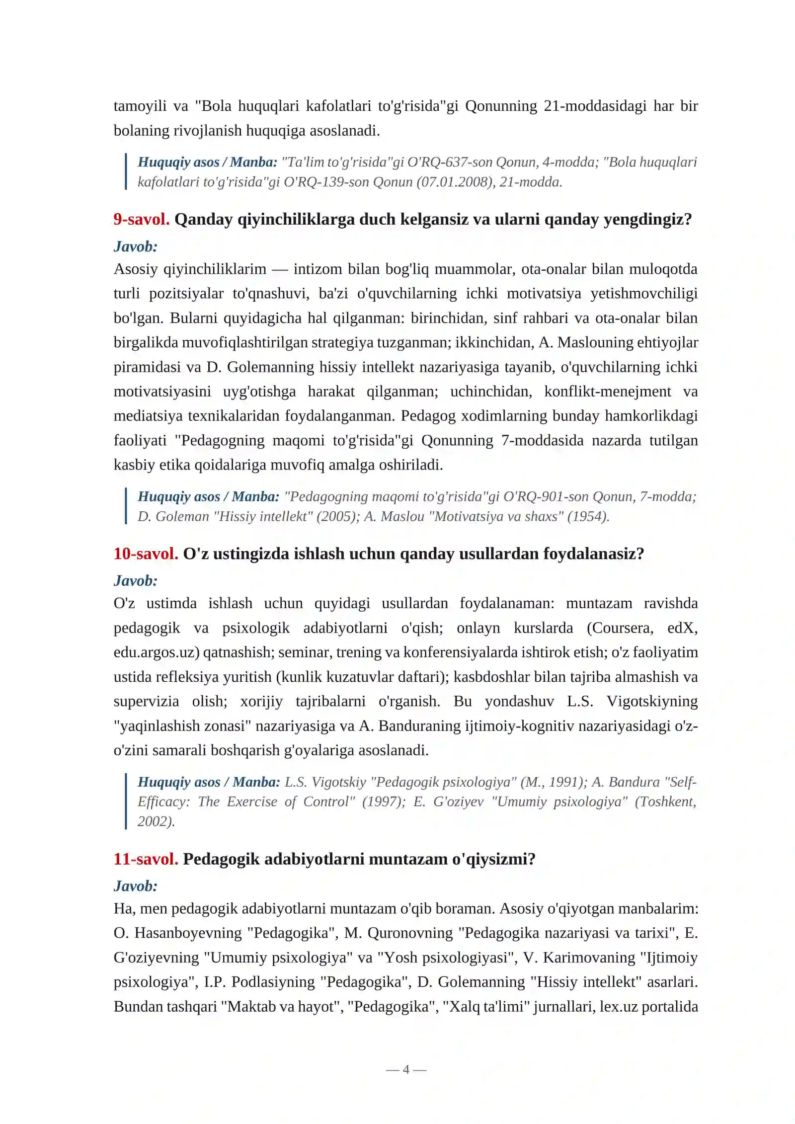 Maktab maslahatchisi savollarga javoblar 4