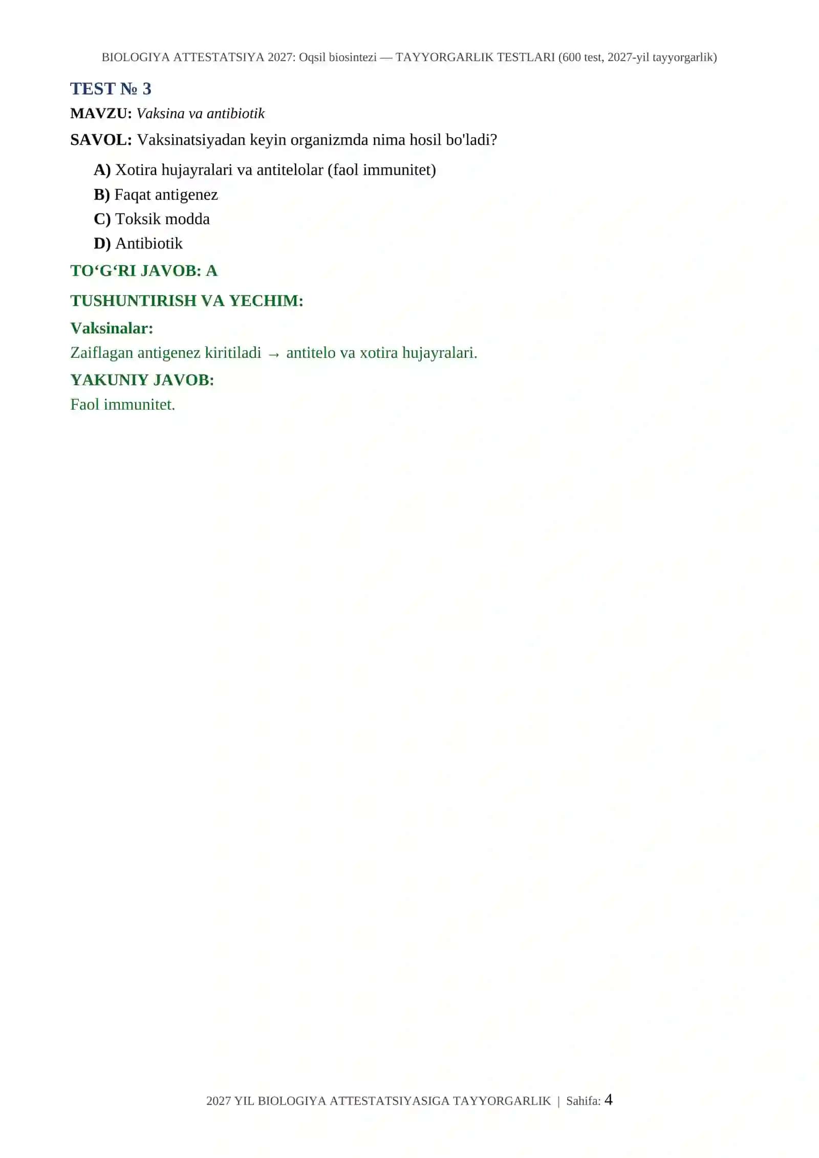 BIOLOGIYA ATTESTATSIYA 2027: Oqsil biosintezi — TAYYORGARLIK TESTLARI (600 test, 2027-yil tayyorgarlik) 4