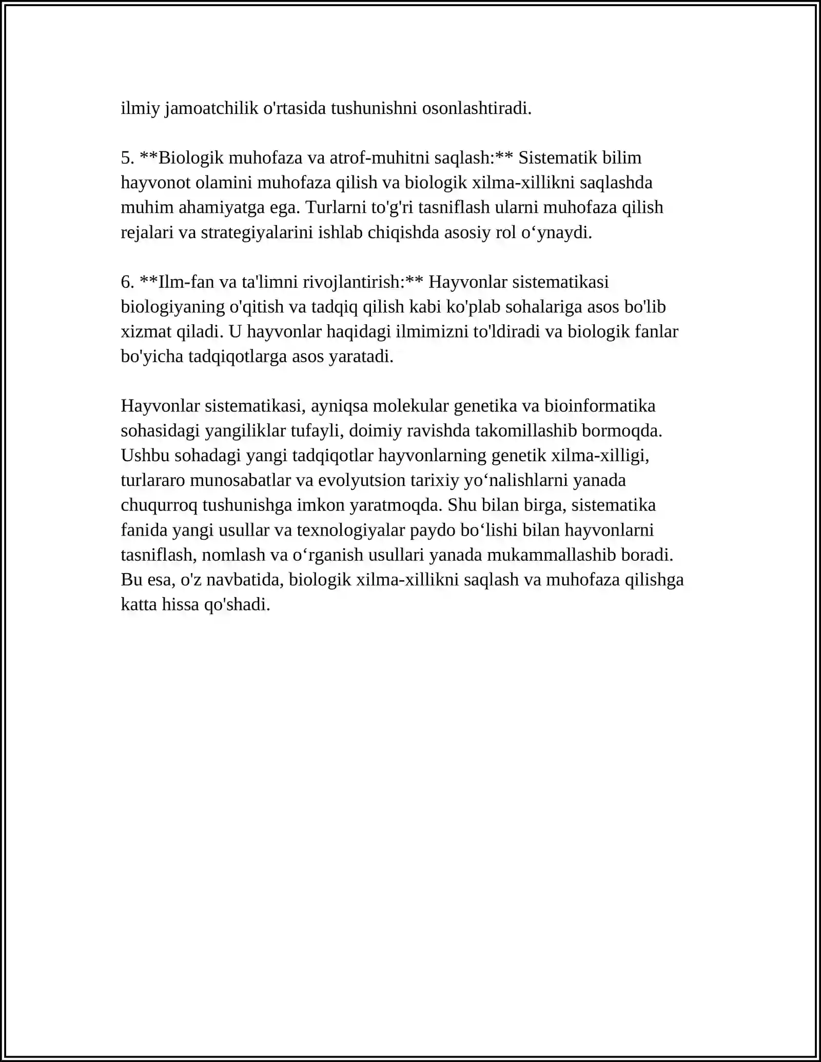 MUSTAQIL ISH Mavzu: HAYVONLAR SISTEMATIKASINING MAQSADI,USLUBLARI, QISQACHA TARIXI VA UNING O‘RNI 4