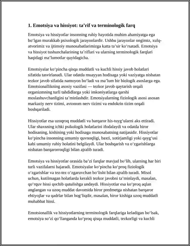 EMOTSIYA VA HISSIYOT HAQIDA UMUMIY TUSHUNCHA. ULARNING XUSUSIYATLARI VA FUNKSIYALARI 4