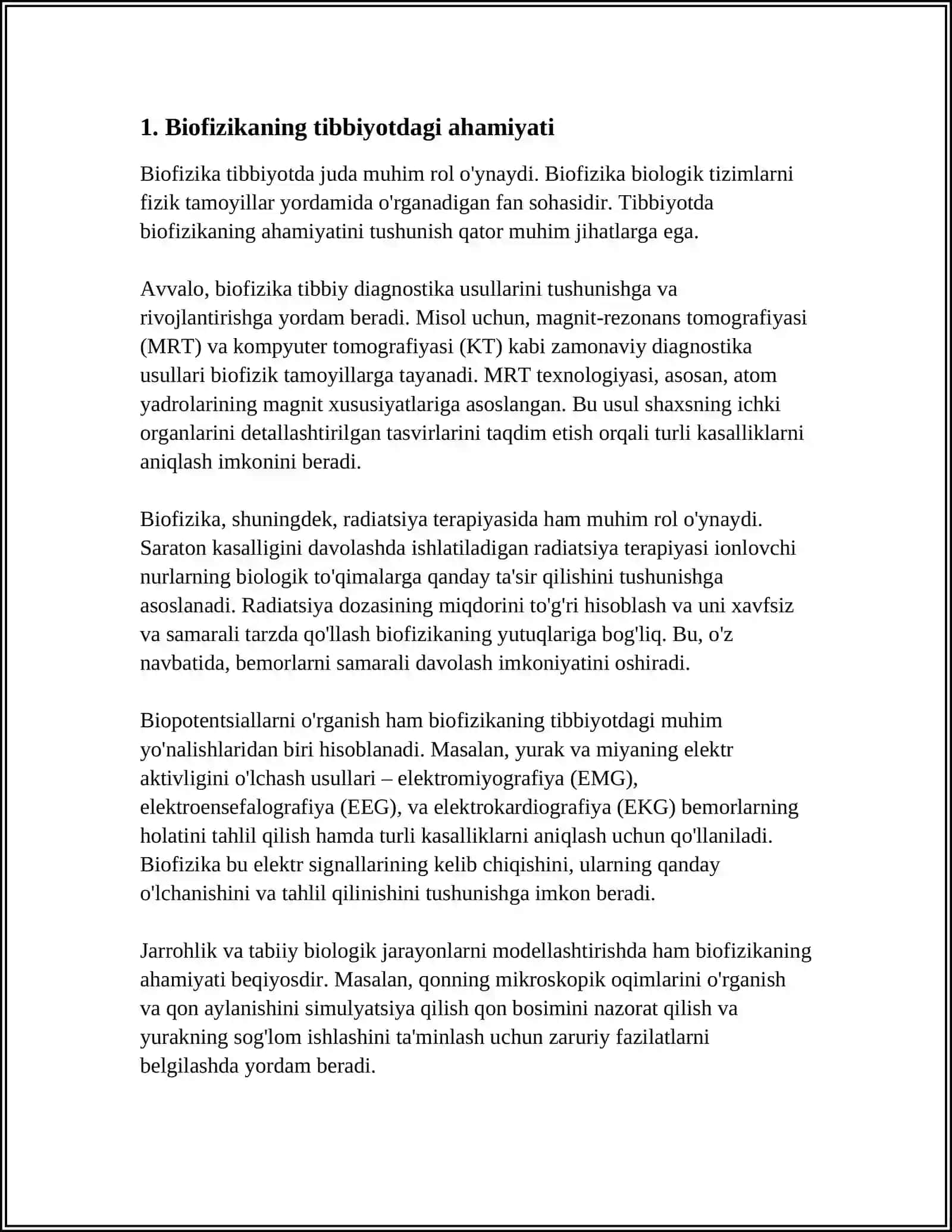 BIOFIZIKA FANINING TIBBIYOTDAGI OʻRNI.BIOFIZIKA FANINING BOSHQA FANLAR BILAN BOGʻLIQLIGI 4