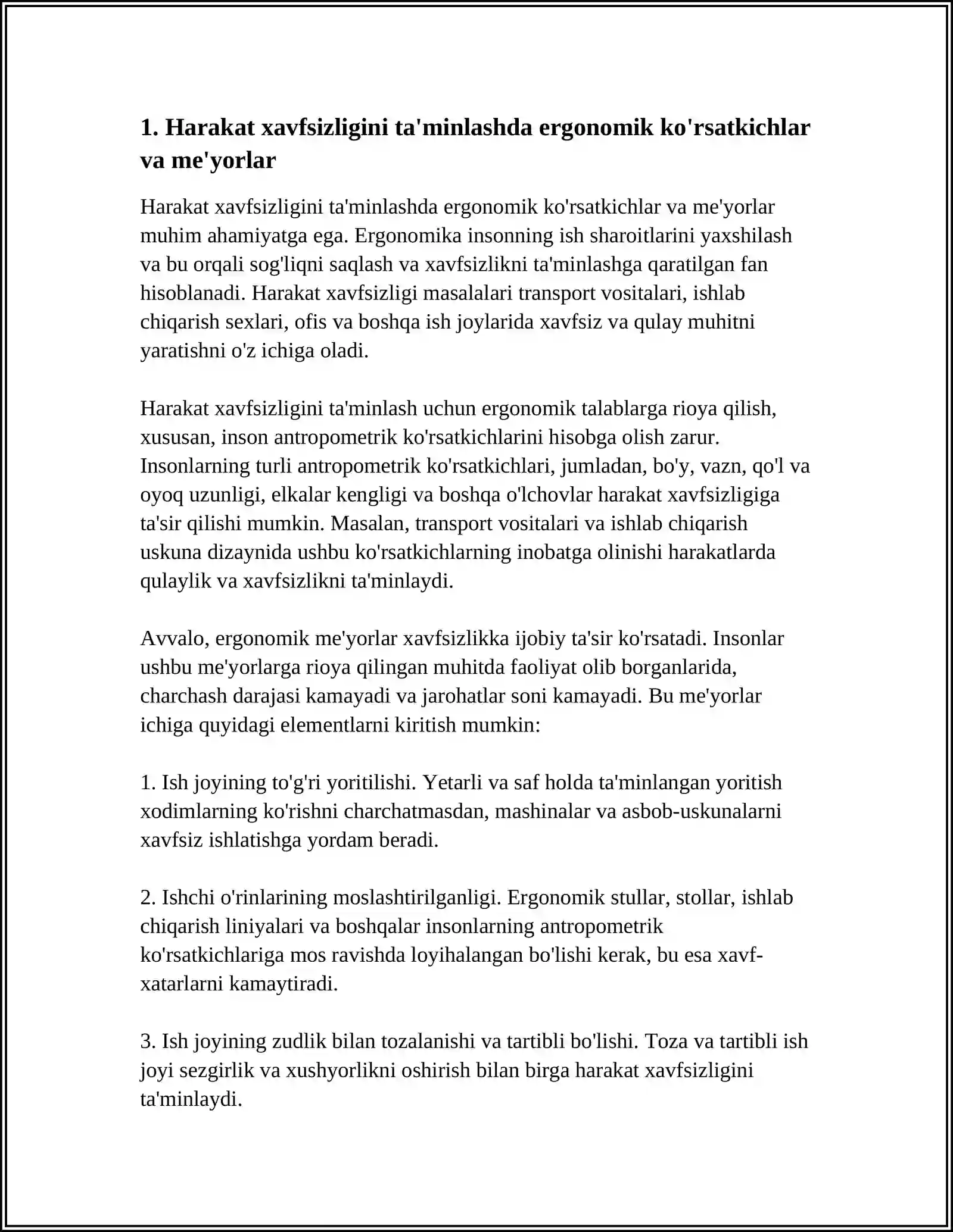 HARAKAT XAVFSIZLIGINI TA’MINLASHNING ERGONOMIK KO‘RSATKICHLARINI O‘RGANISH 4