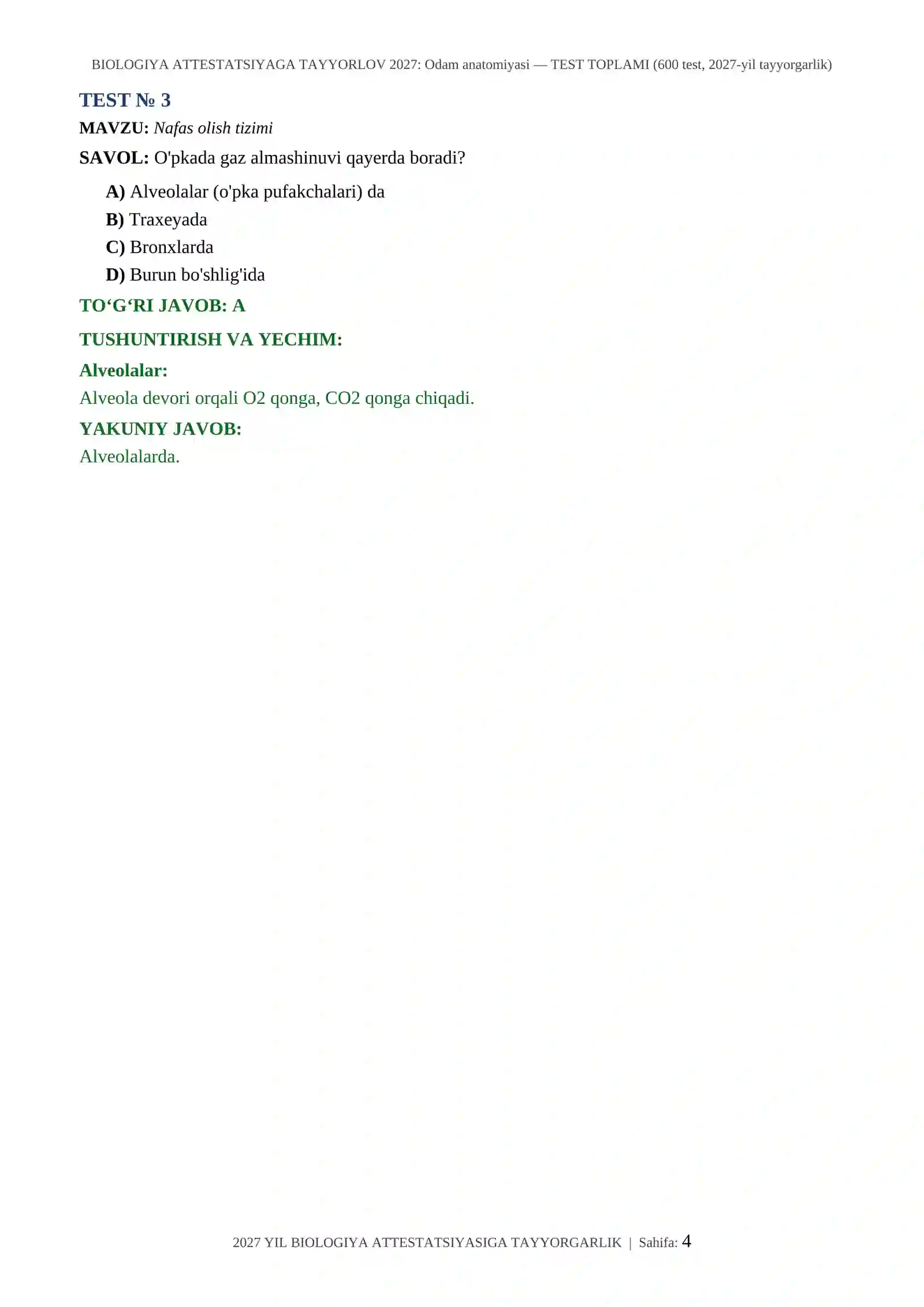 BIOLOGIYA ATTESTATSIYAGA TAYYORLOV 2027: Odam anatomiyasi — TEST TOPLAMI (600 test, 2027-yil tayyorgarlik) 4