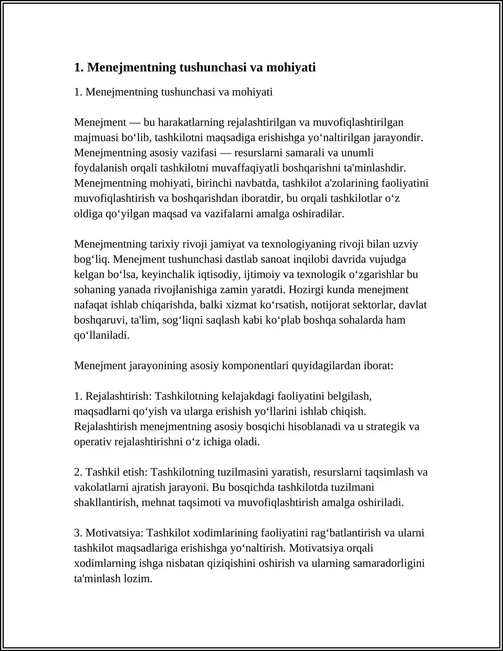 MENEJMENT MODULI VA PREDMETI. MENEJMENTNING MOHIYATI VA VAZIFALARI. MENEJMENT OBYEKTI VA SUBYEKTI 4