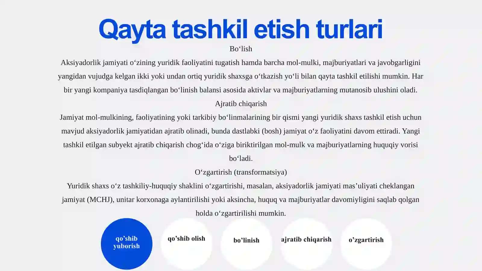 Koorporativ tuzilmalarning qayta tashkil etish turlari va tugatish tartibi 4