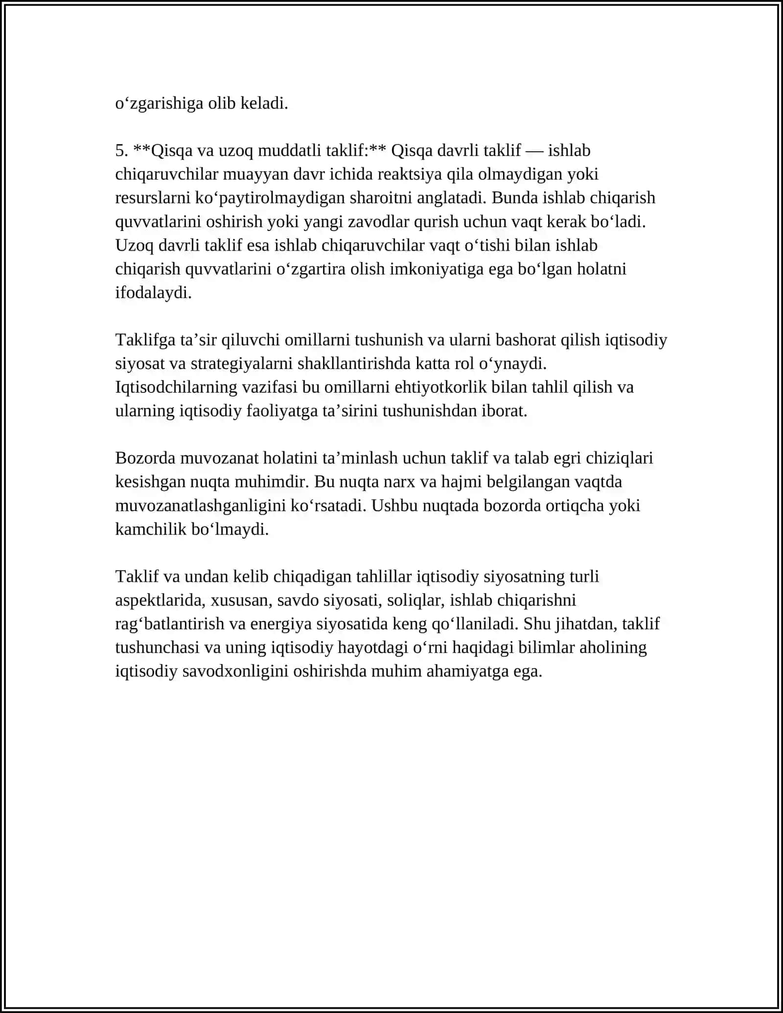 TALAB VA TAKLIF NAZARIYASI BOZOR MUVOZANATI 4