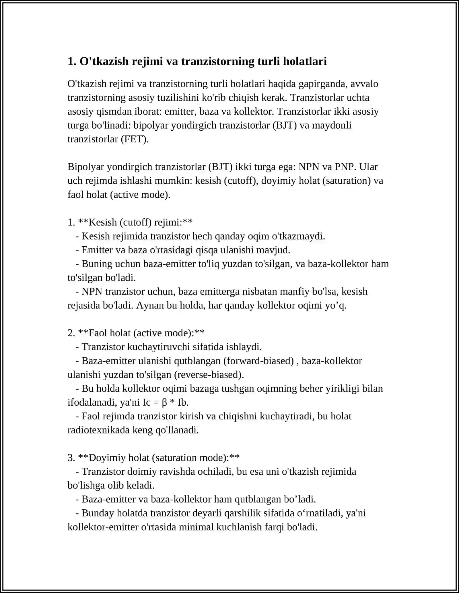 UMUMIY EMITTER SXEMASI BO'YICHA ULANGAN BIPOLYAR TRANZISTODA TAYORLANGAN BIR KASKADLI KUCHAYTIRGICH PARAMETRLARINI ANALITIK HISOBLASH 4