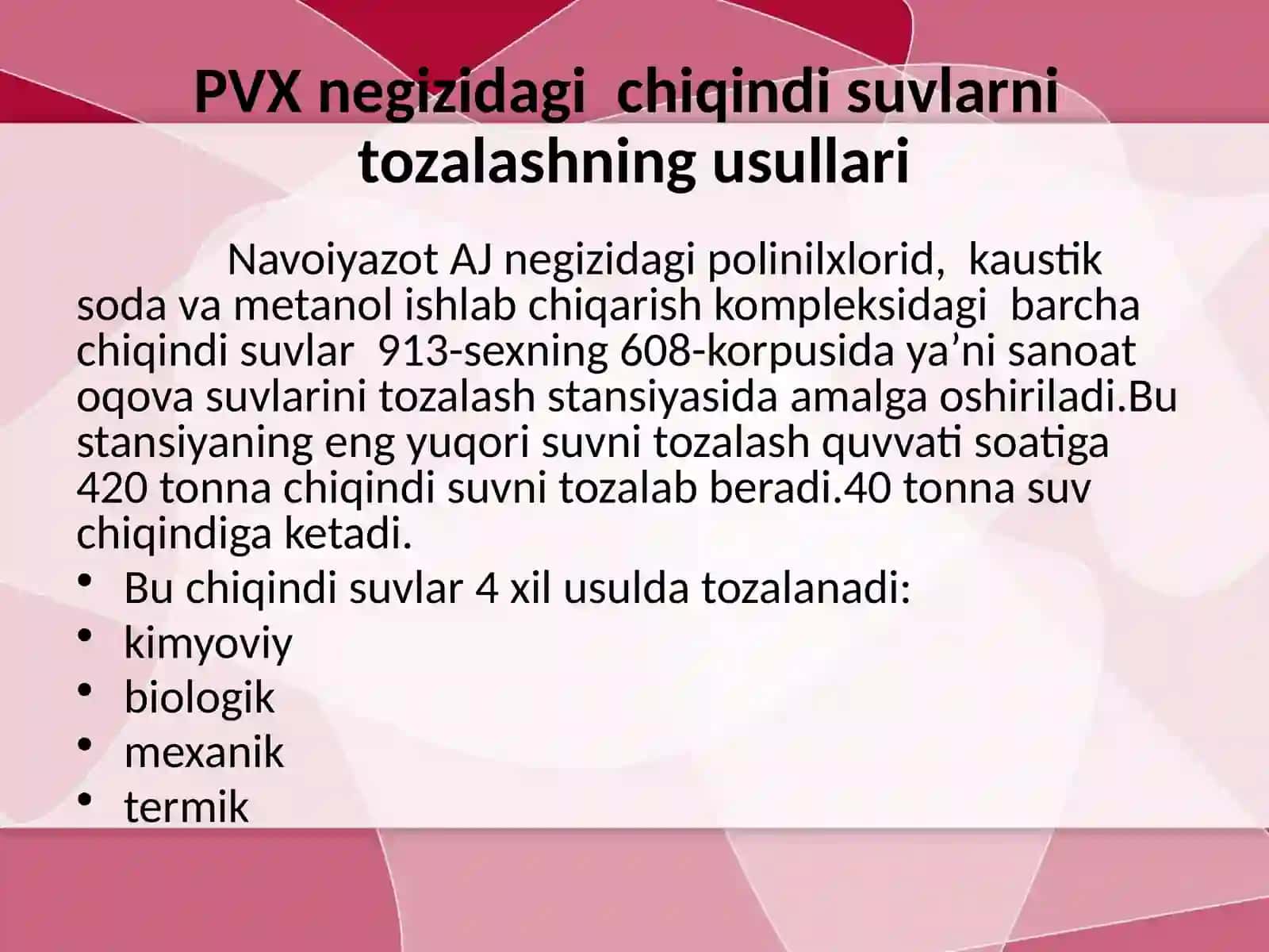 PVX negizidan chiqadigan chiqindi suvlarini mexanik to'zlash ni o'rganish 4