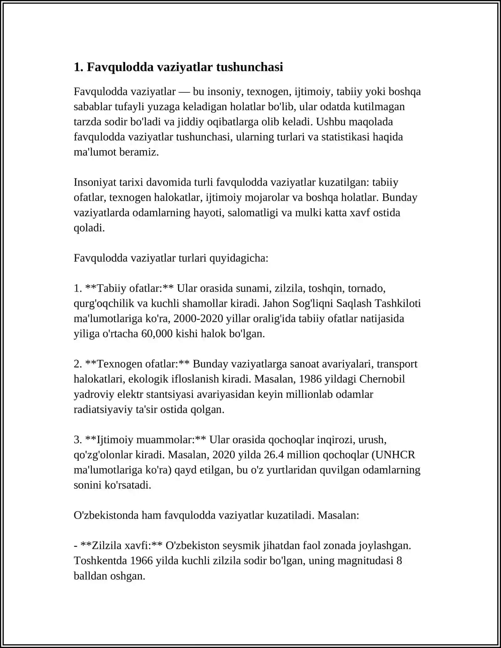 FAVQULODDA VAZIYATLAR, ULARNING TASNIFI VA TAVSIFI 4