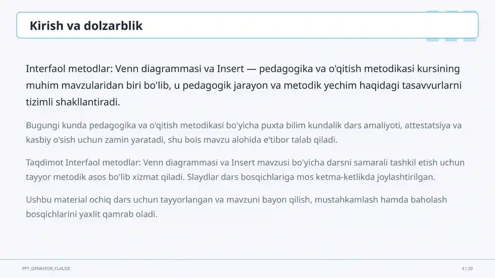 Interfaol metodlar: Venn diagrammasi va Insert 4