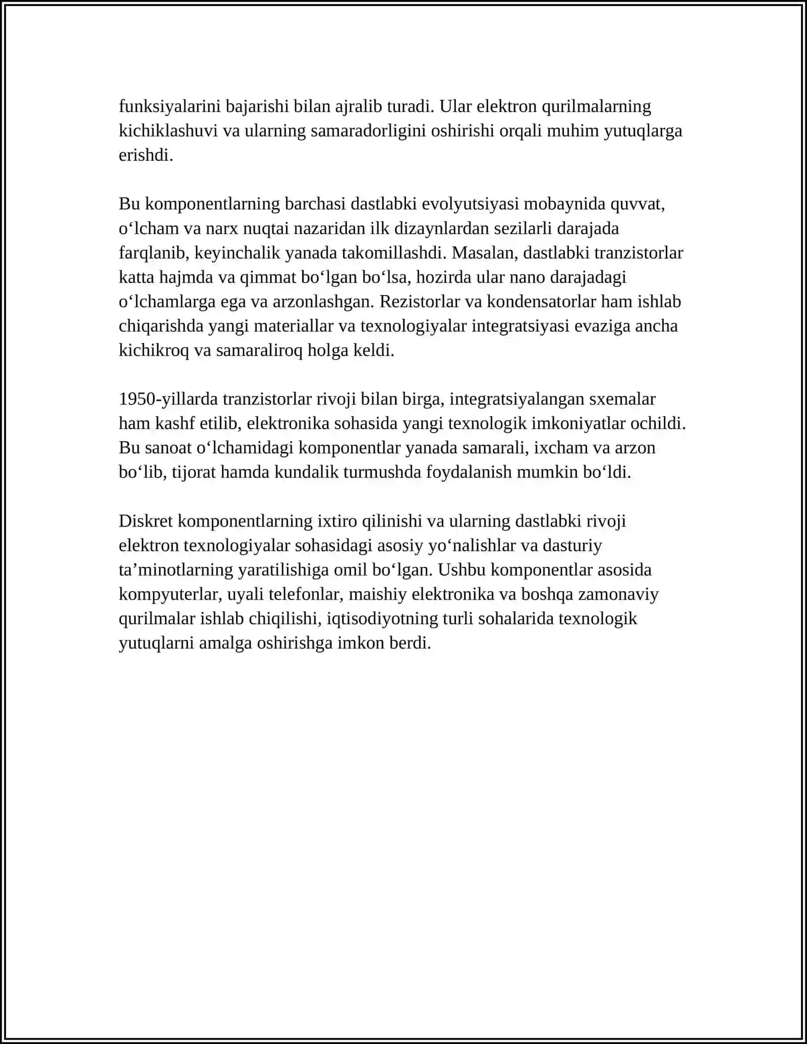 ZAMONAVIY ELEKTRONIKADAGI DISKRET QURILMALARDAN INTEGRAL SXEMALARGACHA RIVOJLANISHINING TARIXIY DAVRLARI VA RIVOJLANISH ISTIQBOLLARI 4