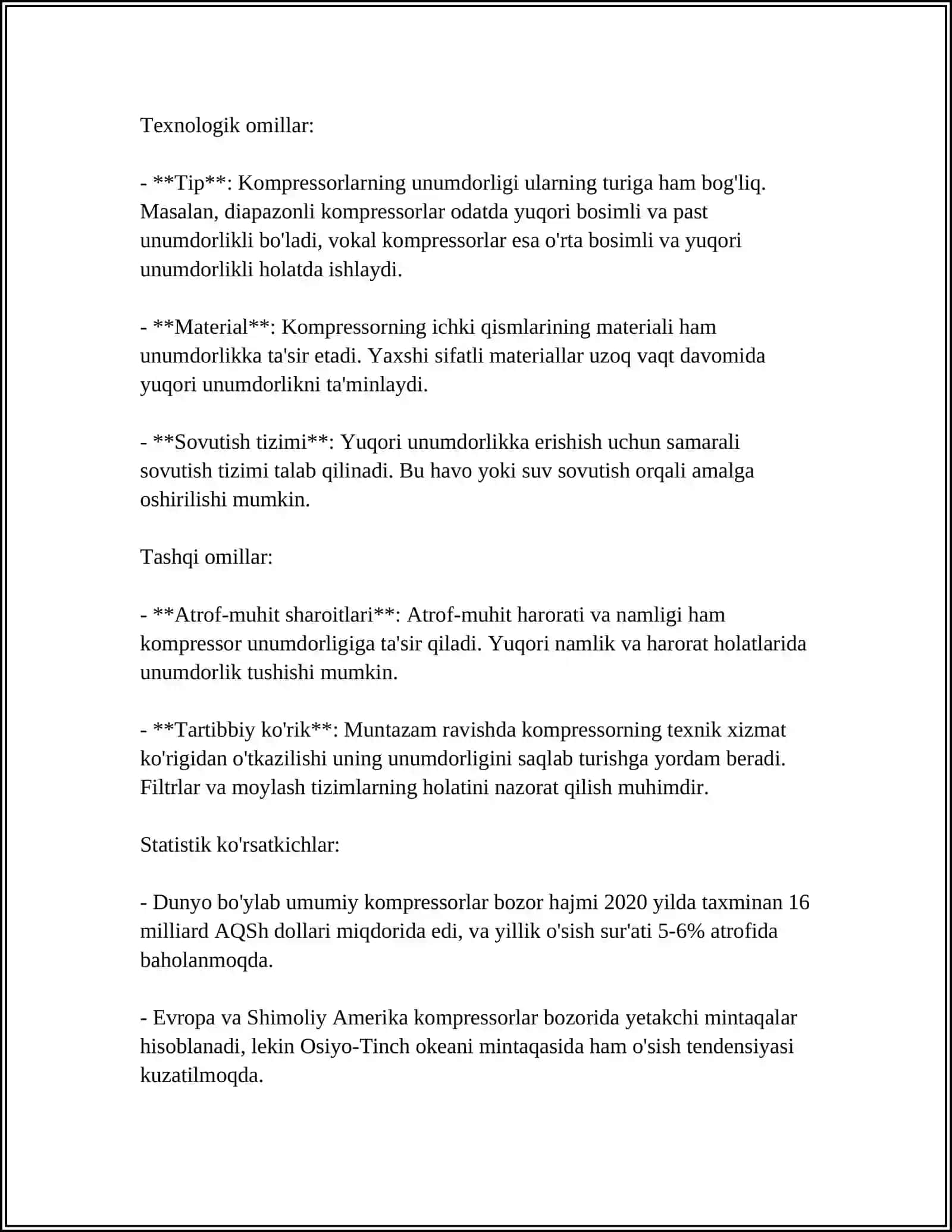 MUSTAQIL ISH Mavzu: KOMPRESSOR UNUMDORLIGI,KOMPRESSOR UNUMDORLIGINI MOSLASH.KOMPRESSORDAGI HAVO SOVUTISH.KOMPRESSOR ELEKTR YURITGICHI QUVVATI 4