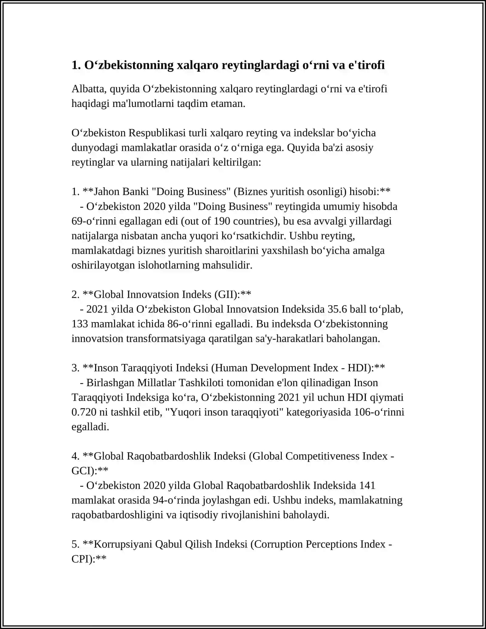 OʻZBEKISTON XALQARO REYTINGLARIDAGI KOʻRSATKICHLARINI KOʻTARISHDAGI TARIXIY VA SIYOSIY AHAMIYATI 4