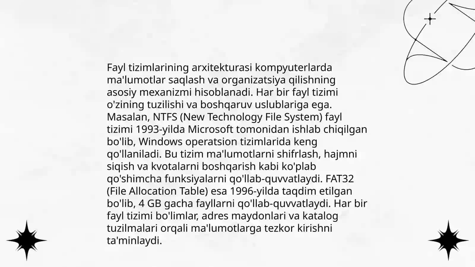 Fayl tizimlarining tuzilishi,ma'lumotlarni saqlash va boshqarish usullari 4