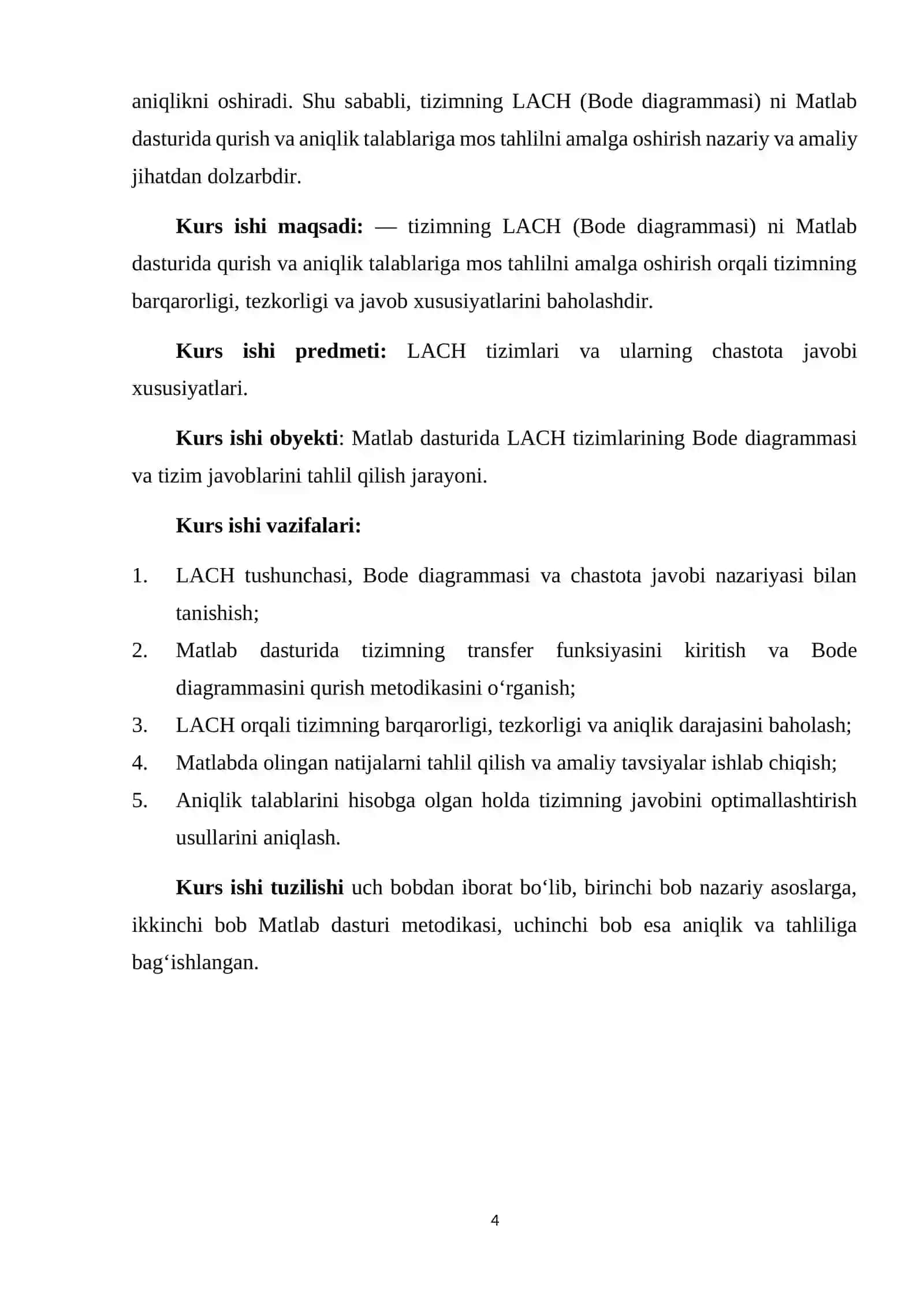 Tizimning LACH (Bode diagrammasi) ni Matlab dasturida qurish va aniqlik talablariga mos tahlil 4