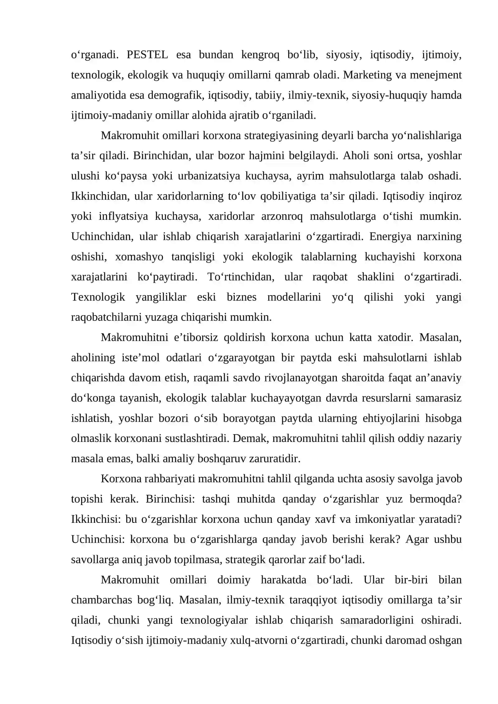 Makromuhit omillari: demografik, iqtisodiy, tabiiy, ilmiy-texnik, siyosiy-huquqiy va ijtimoiy-madaniy omillar 4