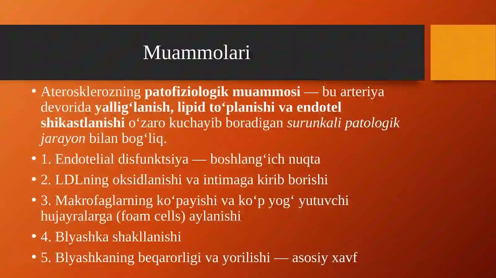Ateroskleroz ta’rifi, muammolari, xavf faktorlari, patogenezi, rivojlanish bosqichlari 4