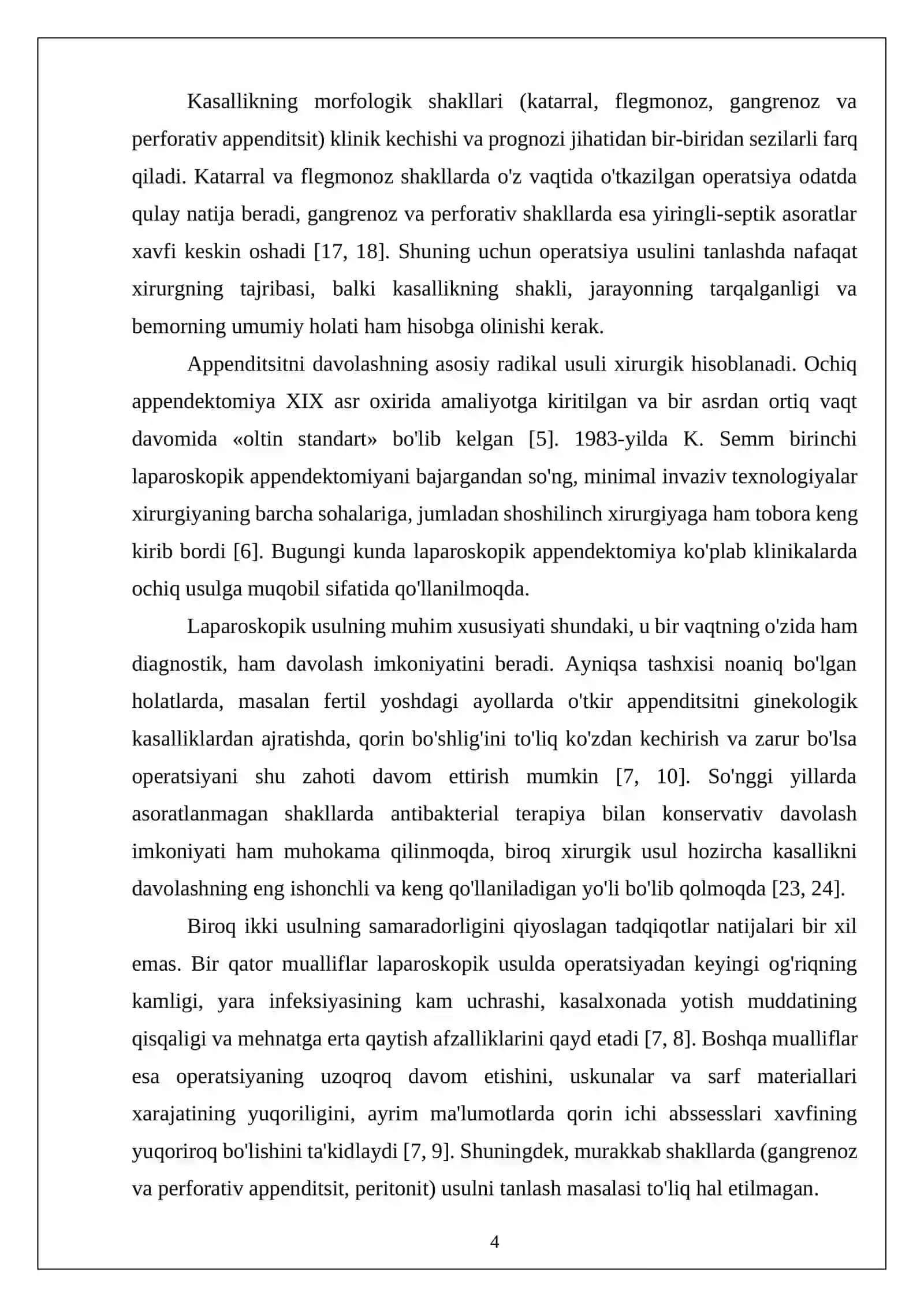 O‘TKIR APPENDITSITDA LAPAROSKOPIK VA OCHIQ APPENDEKTOMIYA USULLARINING KLINIK SAMARADORLIGINI QIYOSIY BAHOLASH SHU MAVZUDA PROFFISIONAL DIPLOM ISHI 4