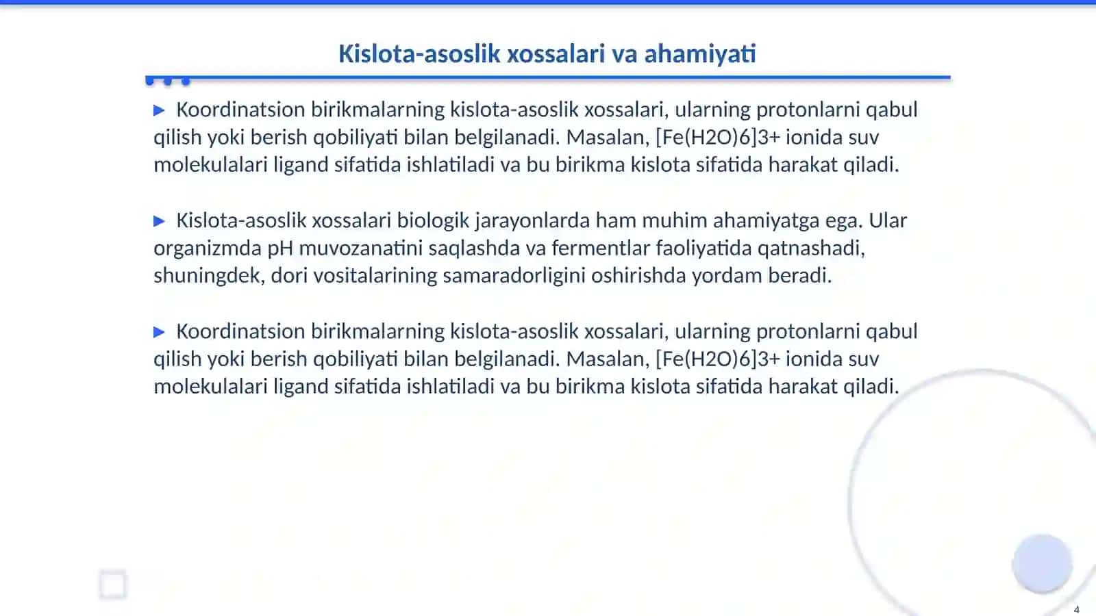Koordinatsion birikmalarning kislota-asoslik xossalari va ulardagi oksidlanish-qaytarilish reaksiyalari 4