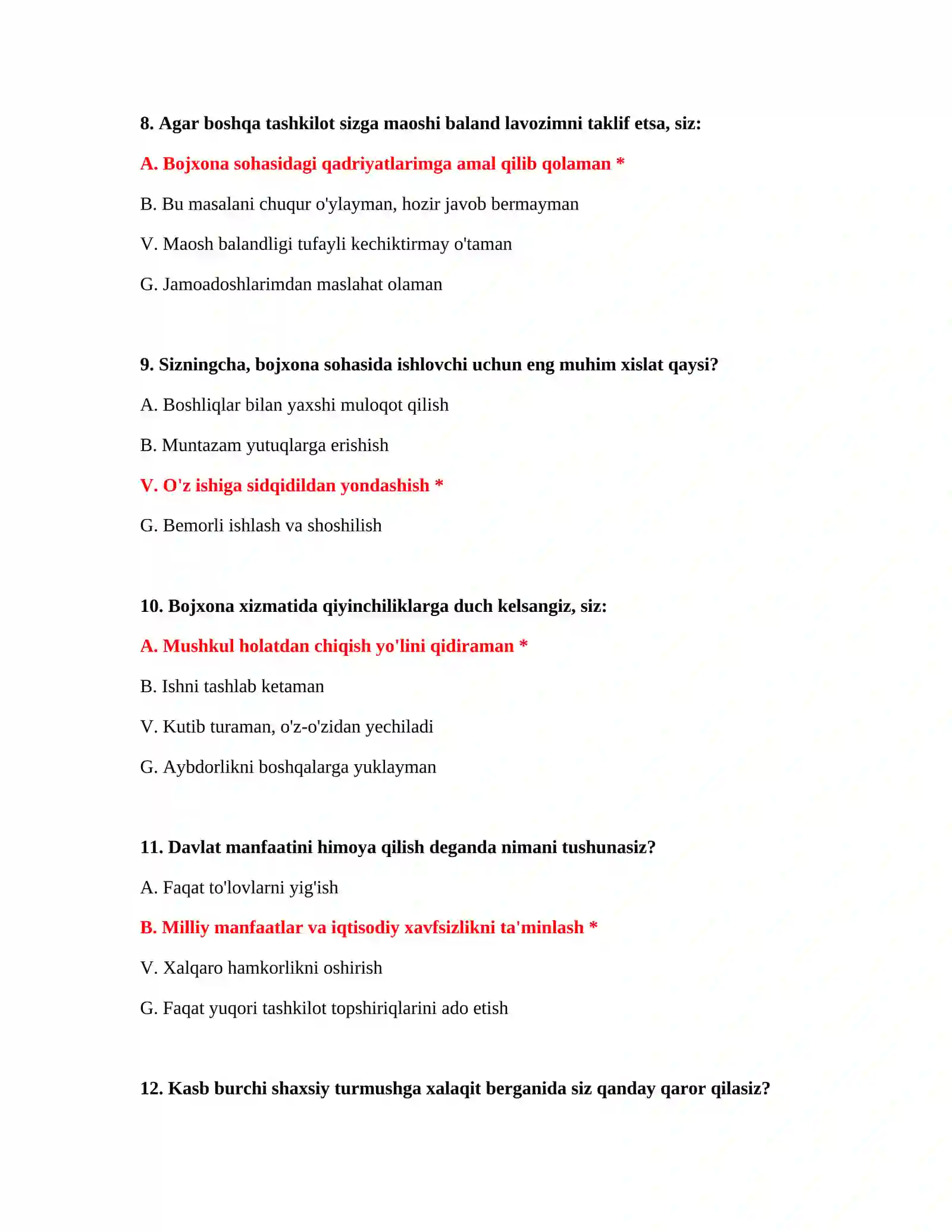 Bojxona nomzodlari uchun testlar 4