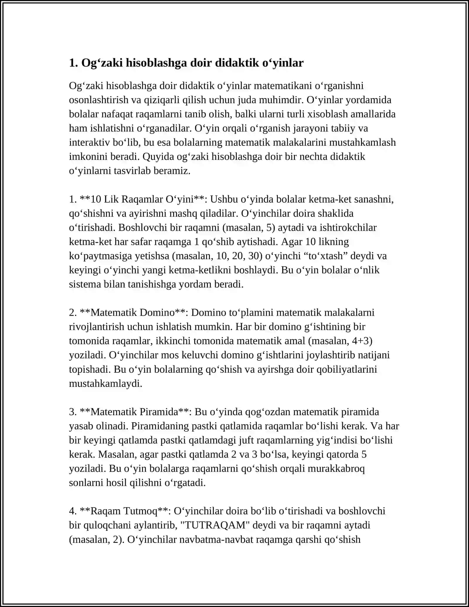 MISOLLARNI OGʻZAKI VA YOZMA HISOBLASHGA DOIR DIDAKTIK OʻYINLAR VA TOPSHIRIQLAR TOʻPLAMI 4