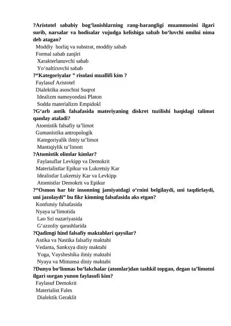 "Falsafa" fanidan yakuniy nazorat uchun test savollari 4