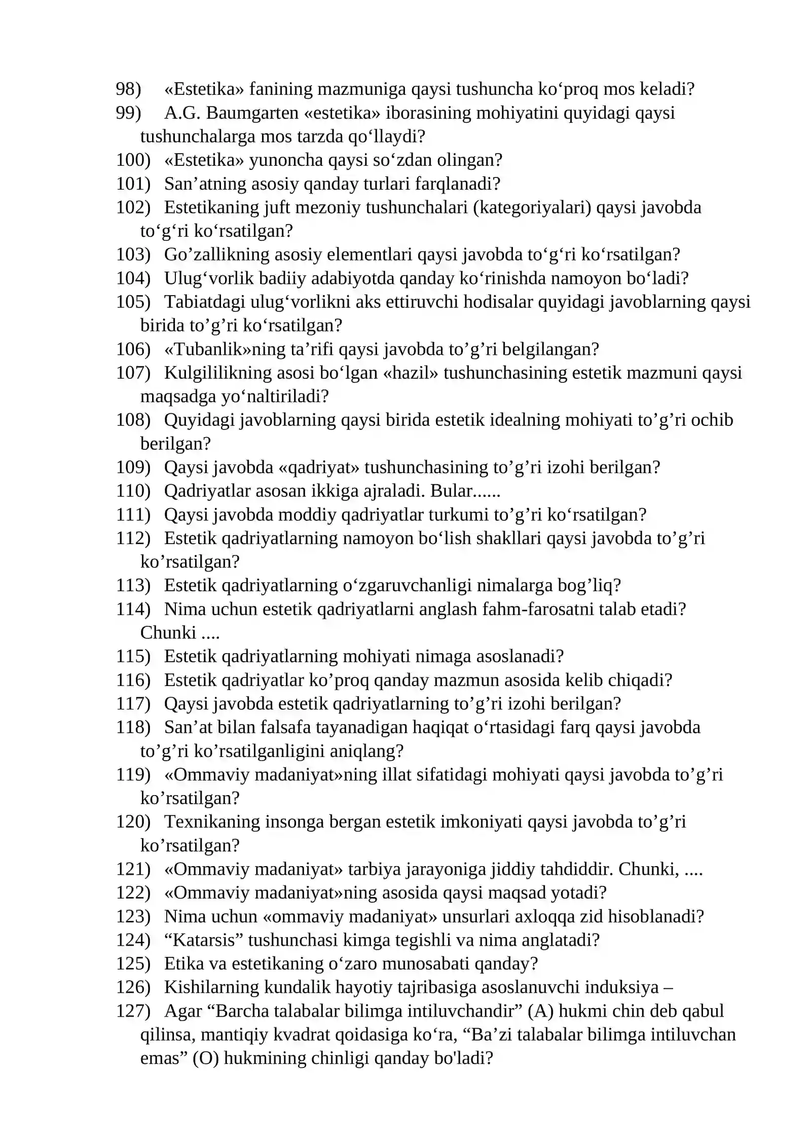 FALSAFA fanidan yakuniy nazorat test savollari 4