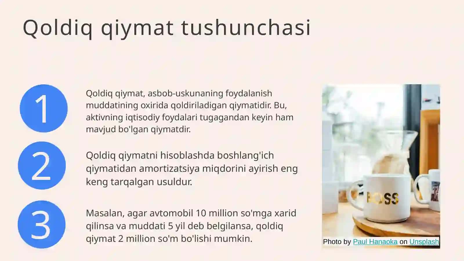 Boshlangʻich qiymat,qoldiq qiymat,joriy qiymat,sotish qiymati(ulgurji,chakana va boshqa baxolar),diskonlangan qiymat,balans qiymati 4
