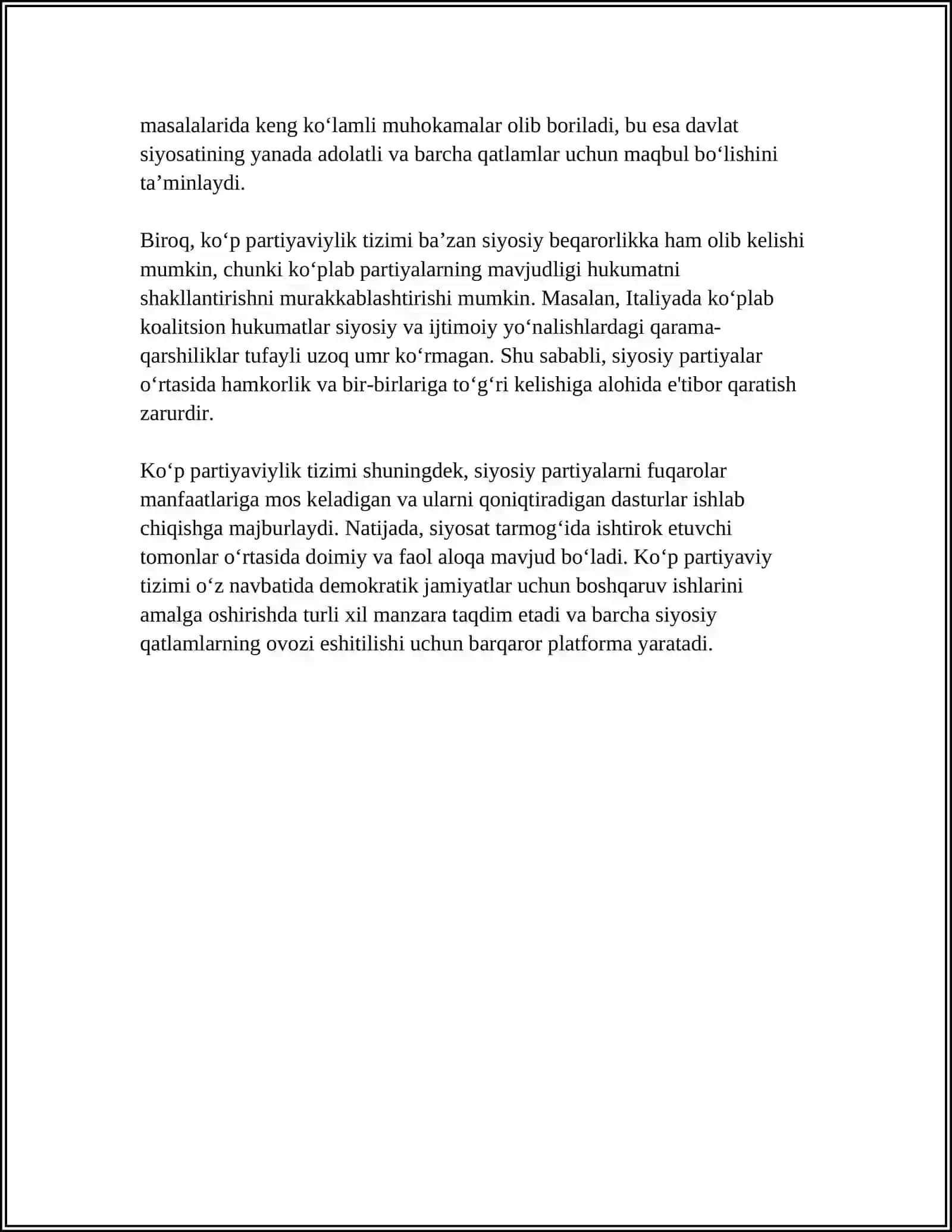 MUSTAQIL ISH Mavzu: OʼZBEKISTONDA KOʼP PARTIYAVIYLIK TIZIMINING SHAKILLANISHI VA UNING AHAMIYATI 4