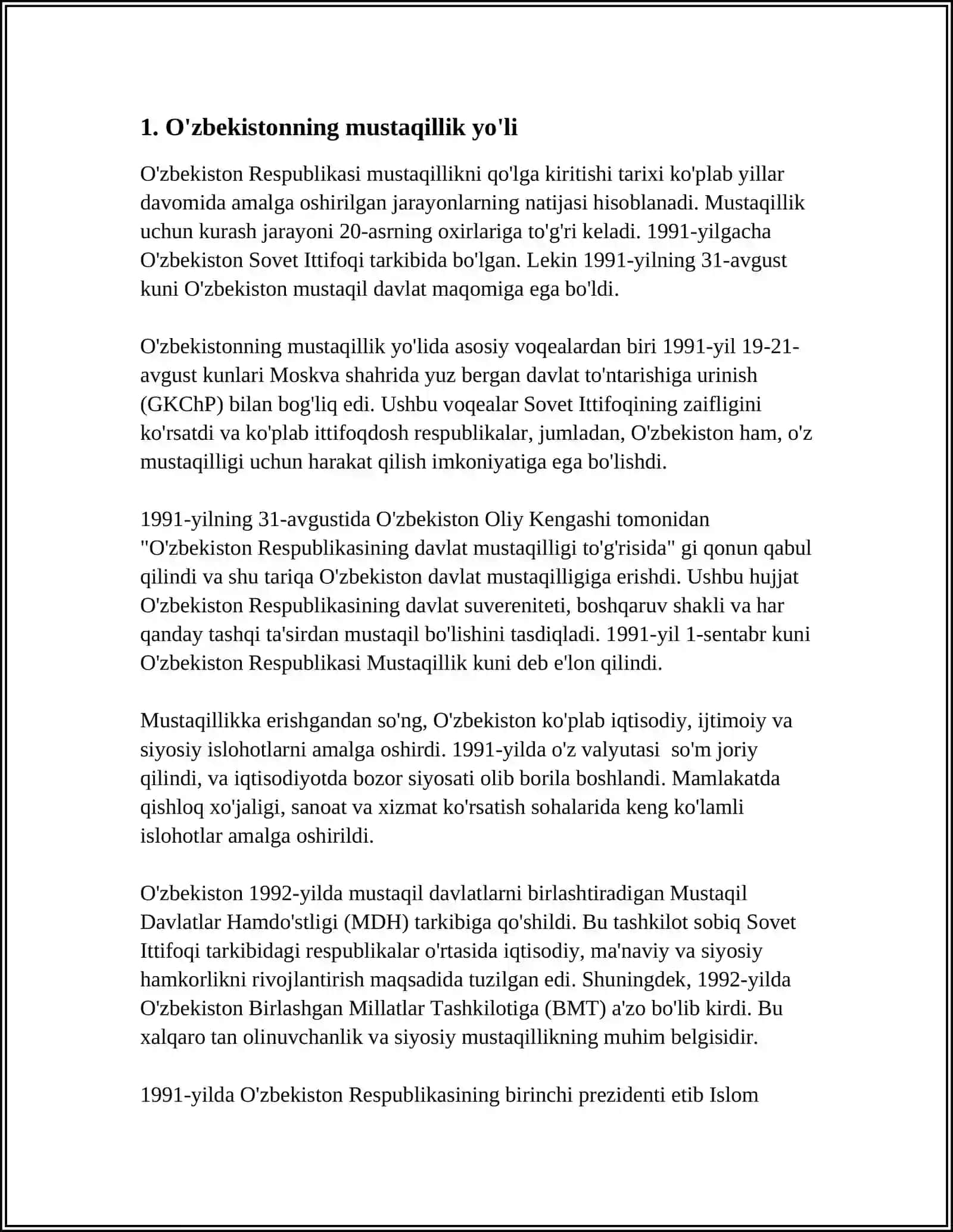O'ZBEKISTONNING O'ZIGA XOS ISTIQLOL VA TARAQQIYOT YO'LI 4
