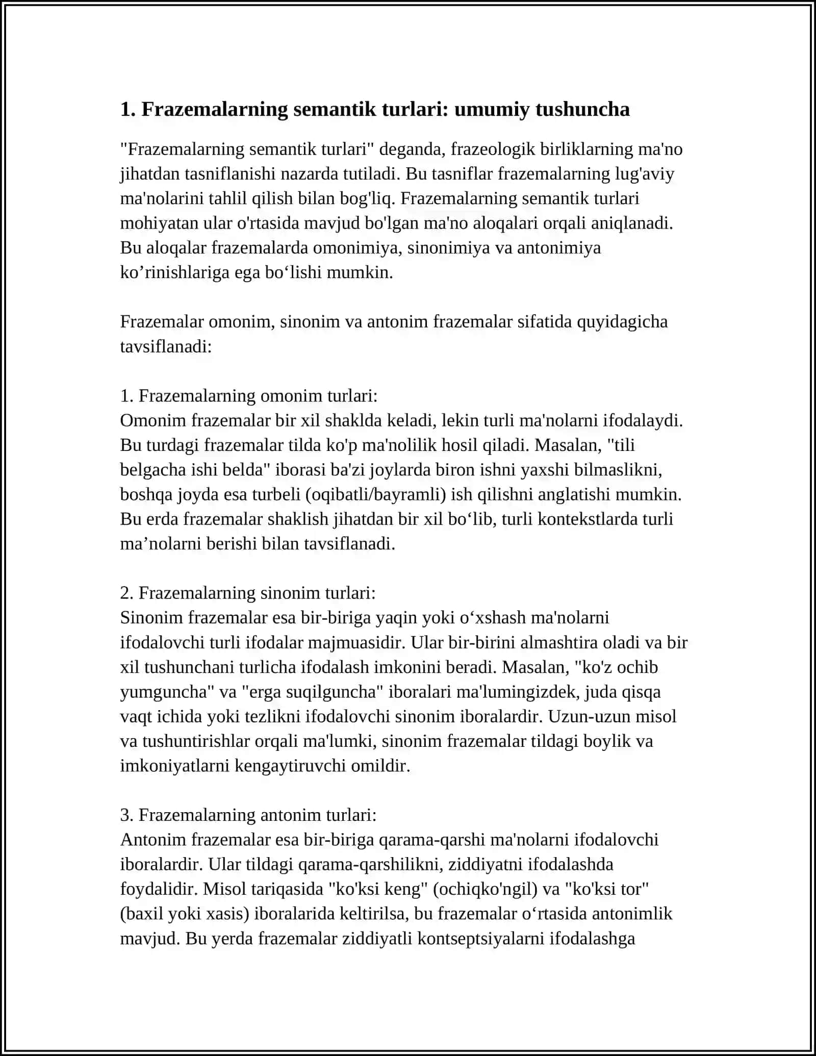 FRAZEMALARNING SEMANTIK TURLARI:OMONIM,SINONIM,ANTONIM IBORALAR 4