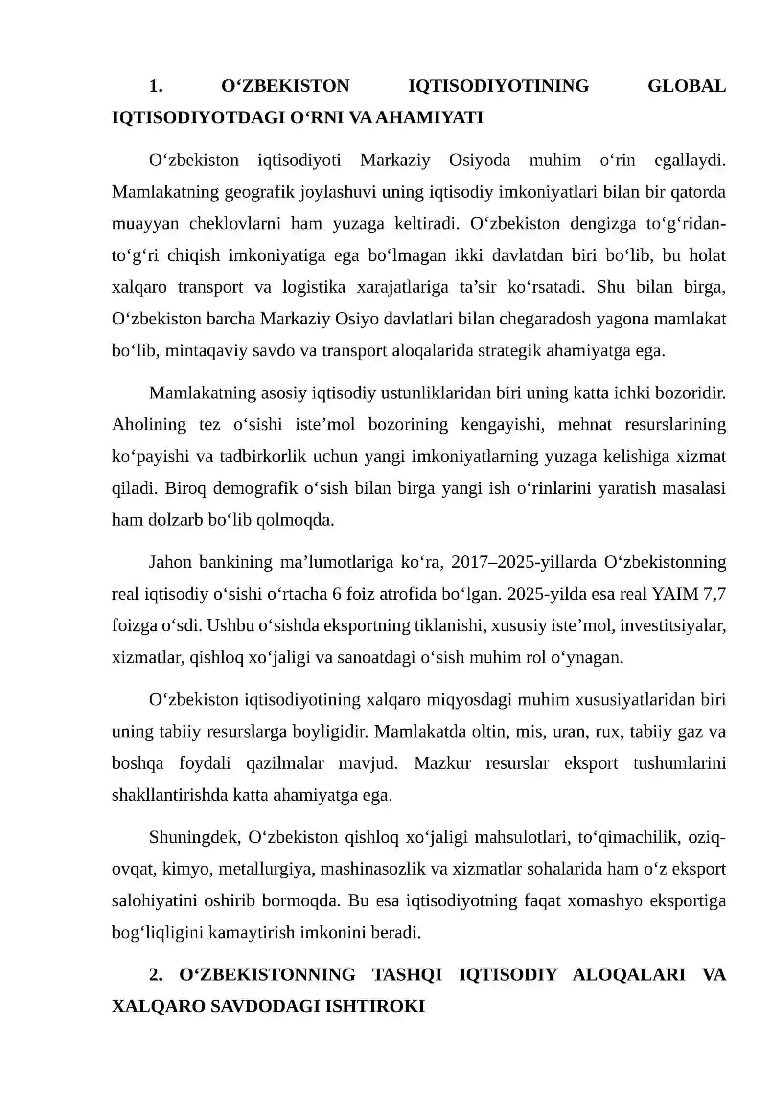 O'ZBEKISTONNING GLOBAL IQTISODIYOTDAGI O'RNI VA RIVOJLANISH ISTIQBOLLARINI TAHLIL QILISH 4
