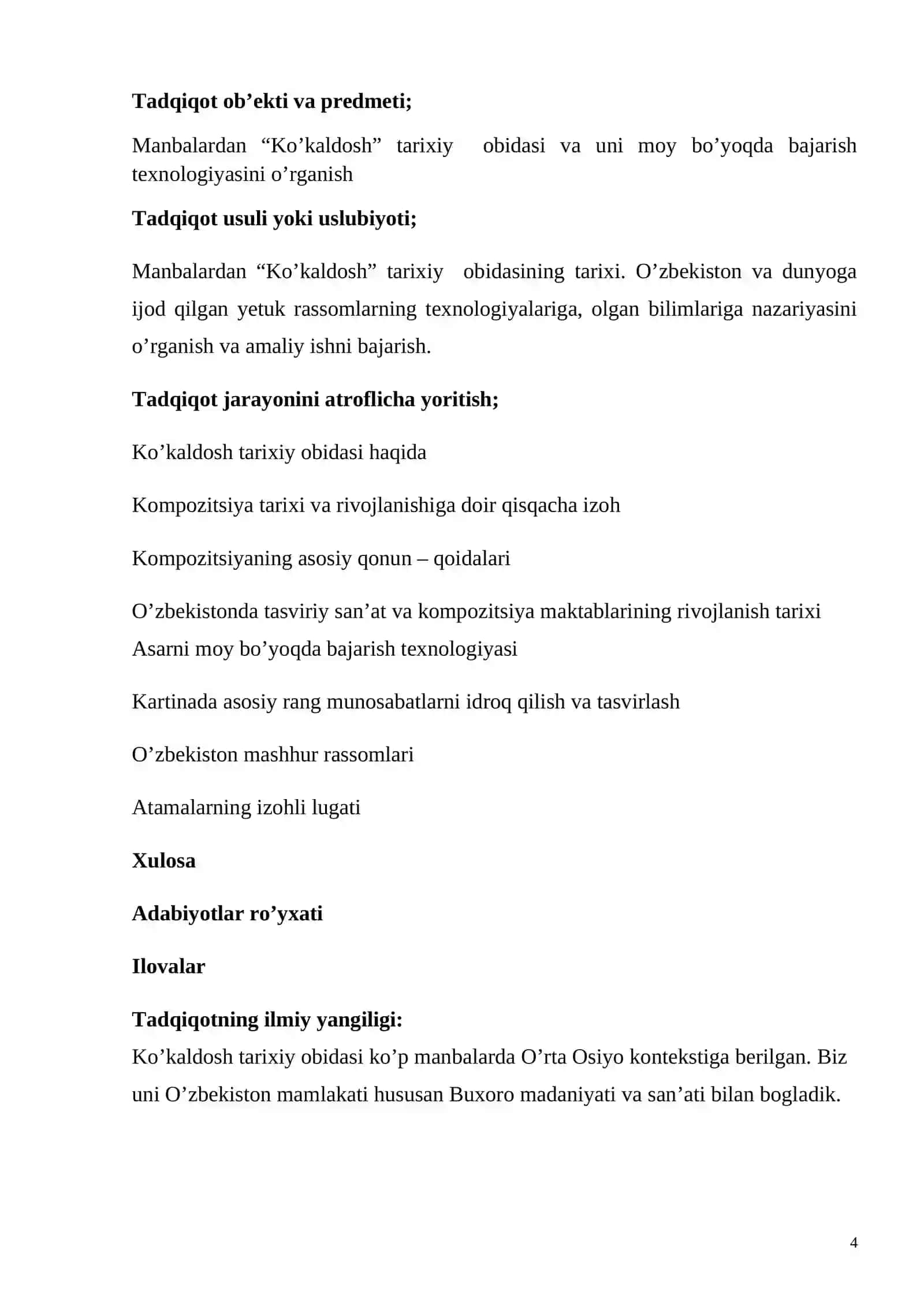 Ko’kaldosh tarixiy obidasini moybo’yoqda bajarish texnologiyasi. Bitiruv malakaviy ishi 4
