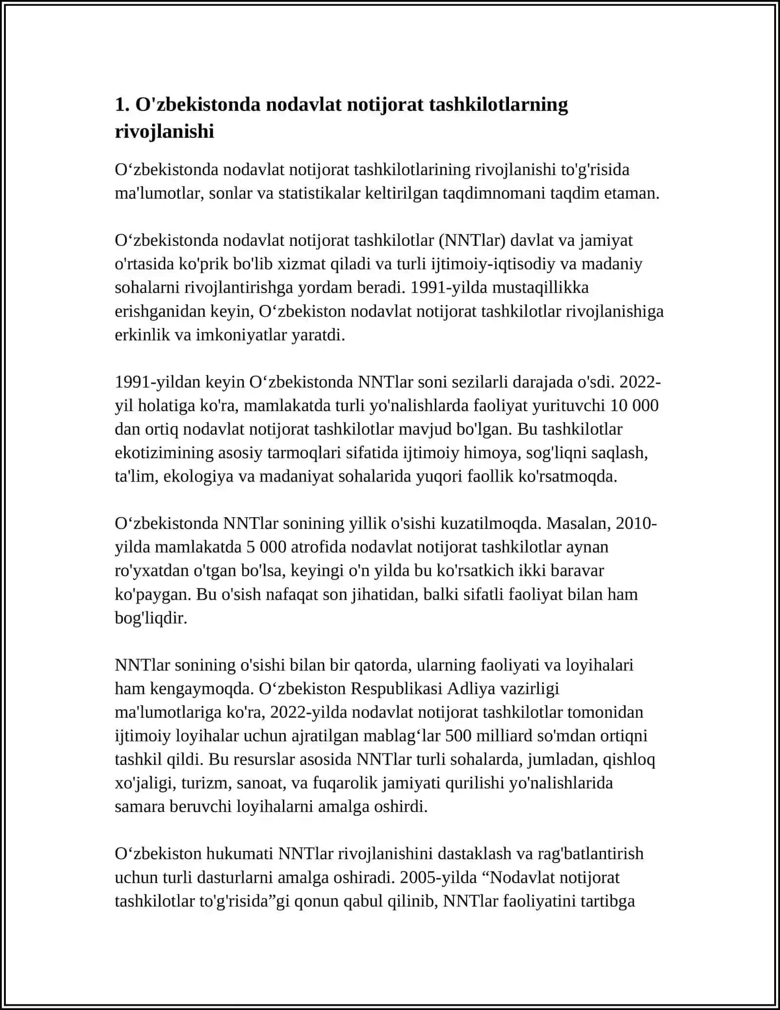O'ZBEKISTONDA NODAVLAT-NOTIJORAT TASHKILOTLAR VA ULARNING SIYOSIY IJTIMOIY HAMDA IQTISODIY JARAYONLARDAGI ISHTIROKI 4