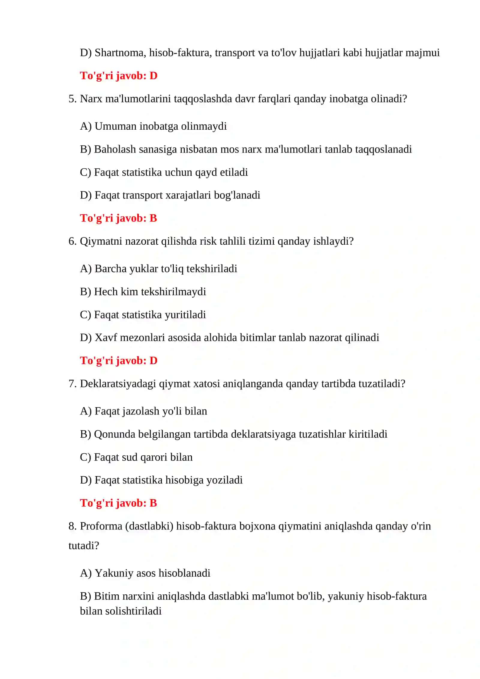 BOJXONA QIYMATINI ANIQLASH TESTLARI 4