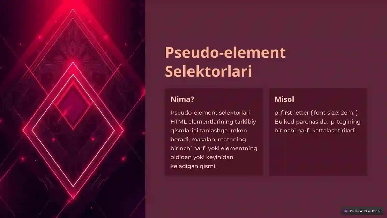 CSS Selektorlari: Universal, Pseudo-klass va Pseudo-element 4