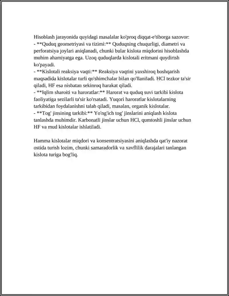GAZ QUDUQLARIGA KISLOTALI ISHLOV BERISHNI HISOBLASH 4