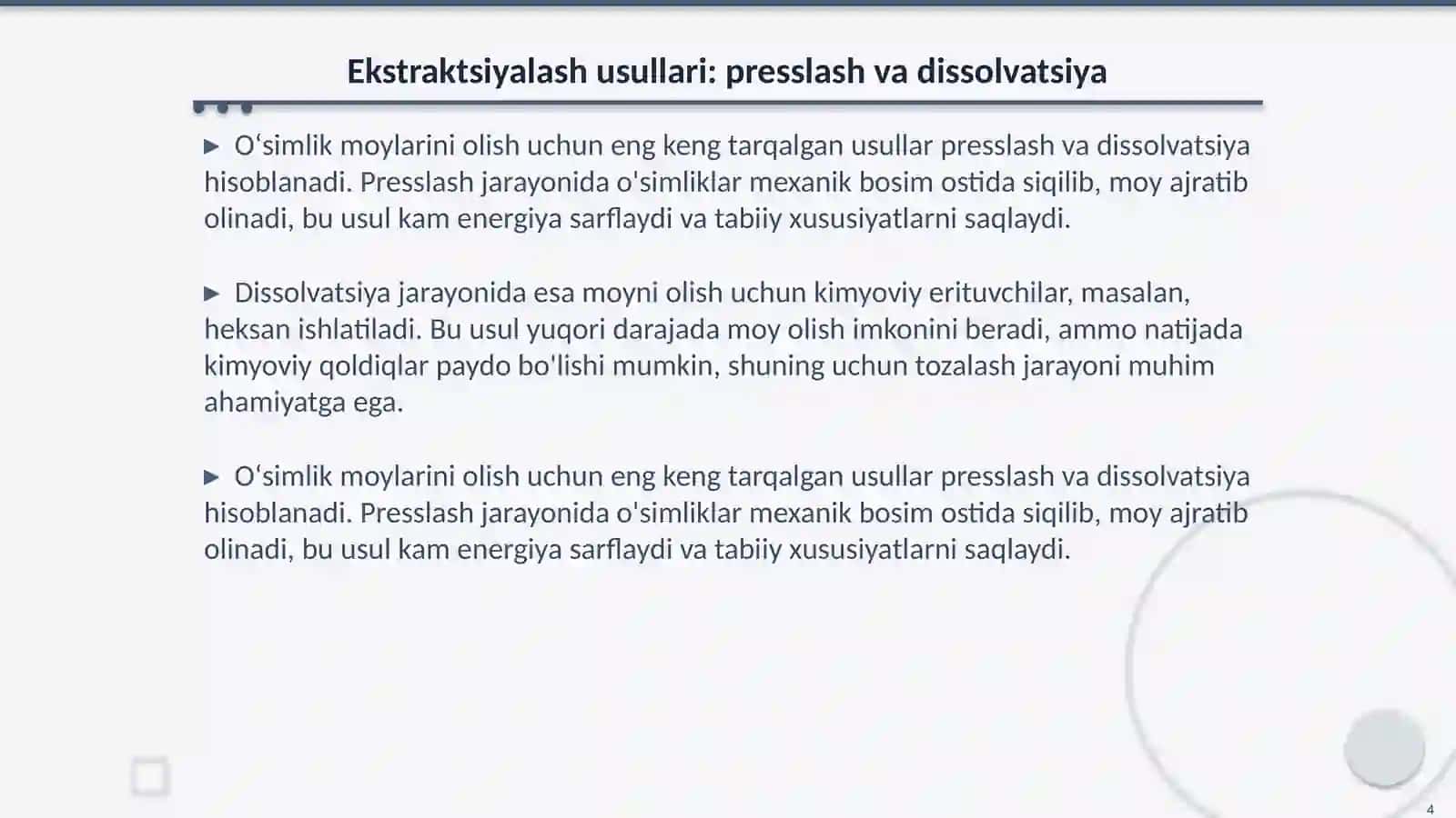 Oʻsimlik moylari ishlab chiqarish texnologik sxemasi bosqichlari 4