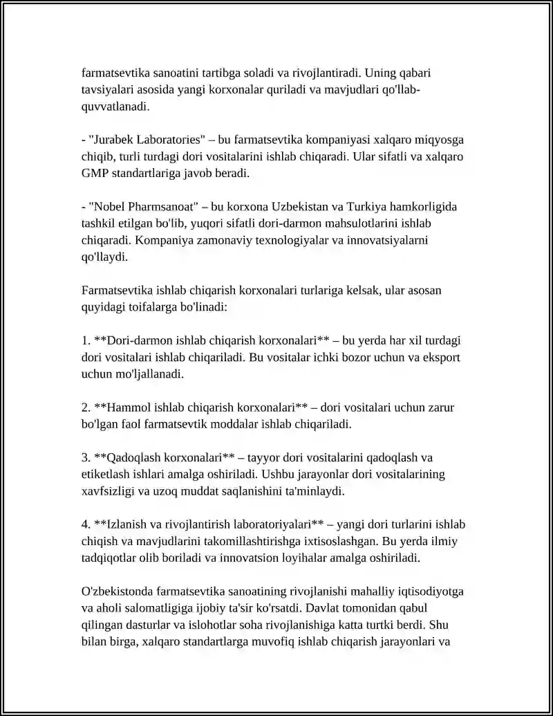 O’ZBEKISTONDA FARMASEVTIK ISHLAB CHIQARISH KORXONALARI VA ULARNING TURLARI 4