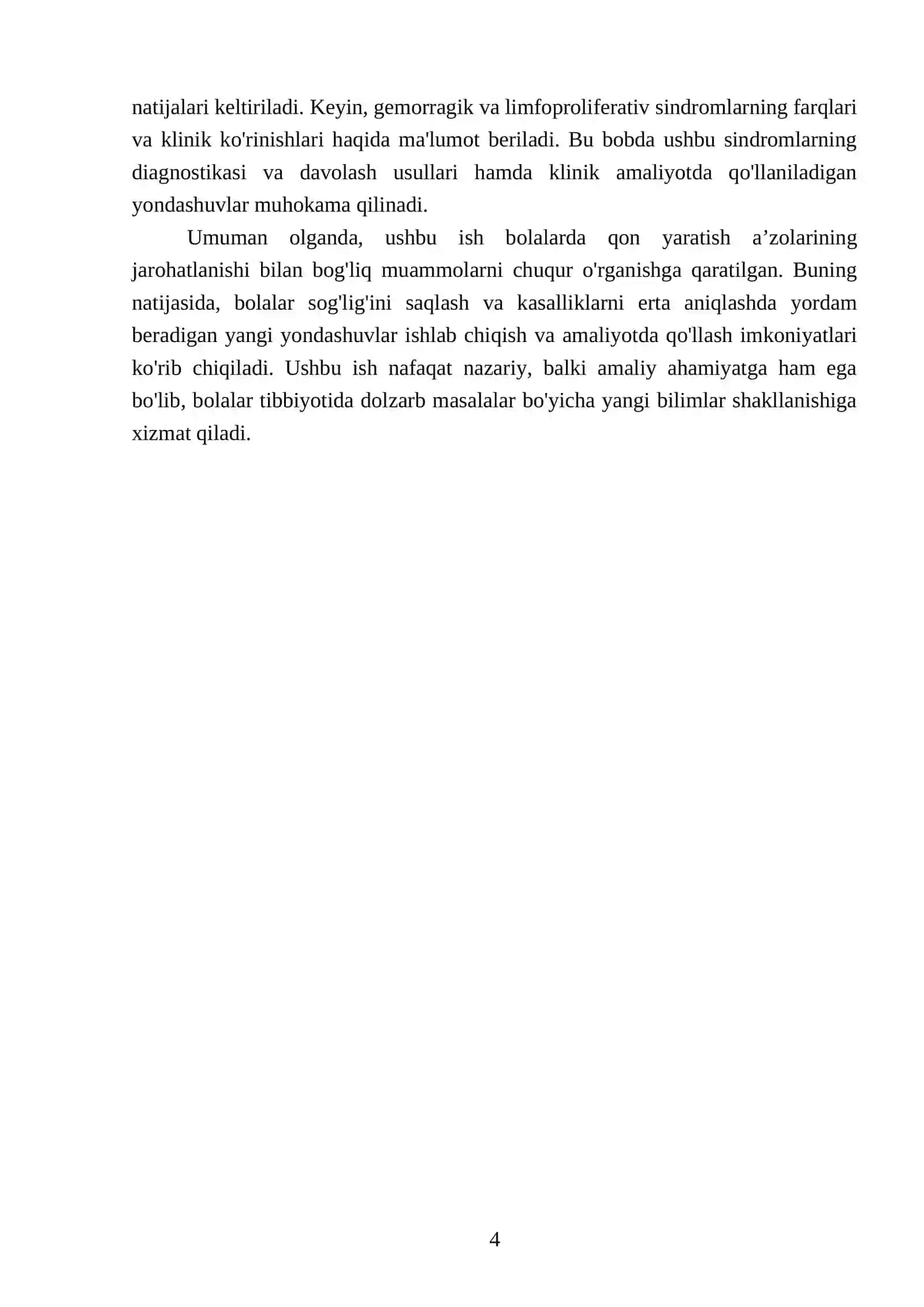 Bolalarda qon yaratish aʼzolarini jarohatlanish sindromlari: anemik sindrom, gemorragik sindrom, limfoproliferativ sindrom 4
