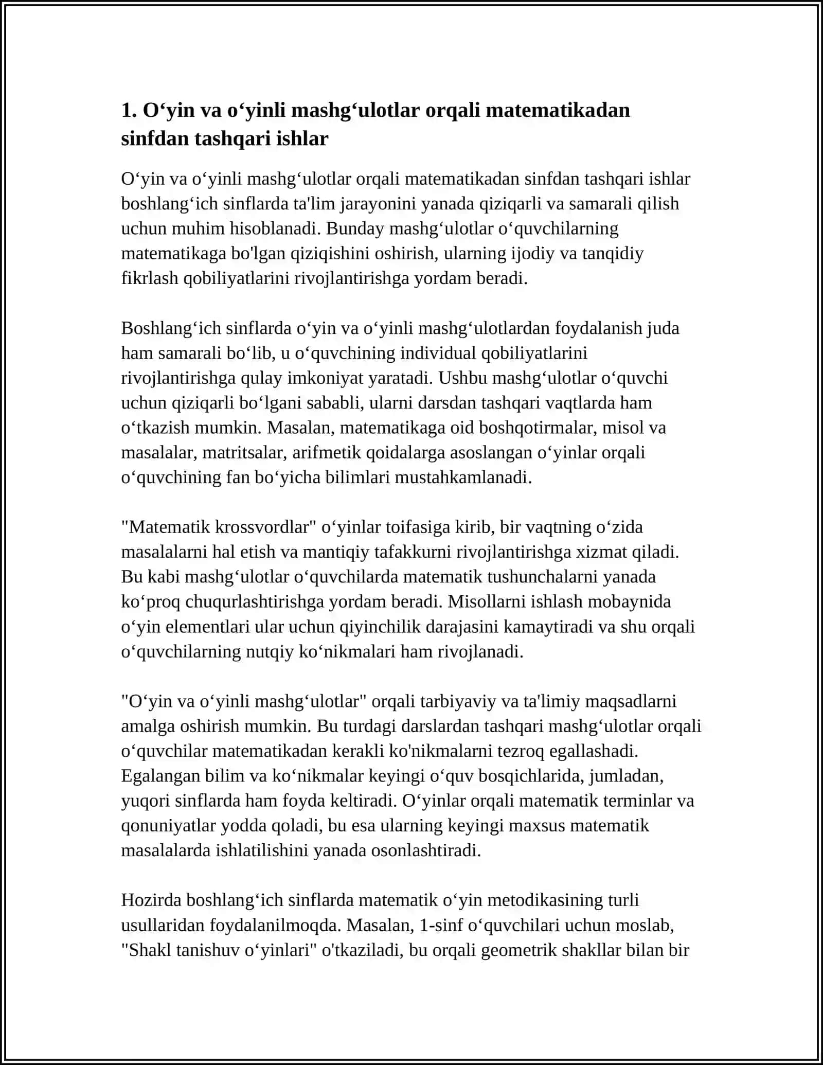 BOSHLANG'ICH SINFLARDA MATEMATIKADAN SINFDAN TASHQARI ISHLARNI TASHKIL ETISHNING TURLARI VA SHAKLLARI:KEYATIV YONDASHUVLAR 4