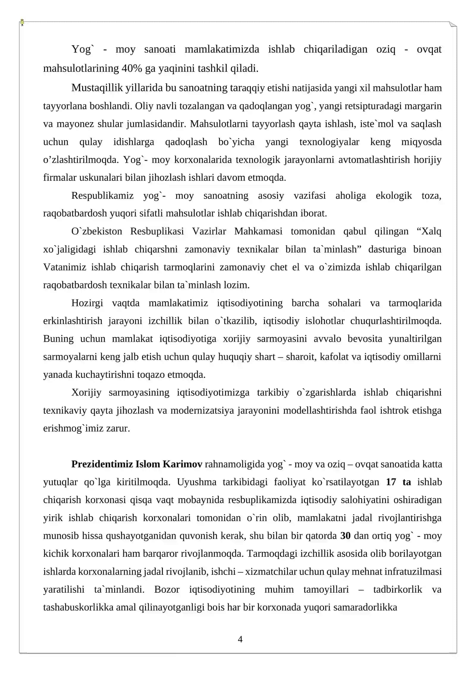 “O`simlik moylari ishlab chiqarish va yog`larni qayta ishlash texnologiyasi” f a n i d a n KURS LOYIHASI 4