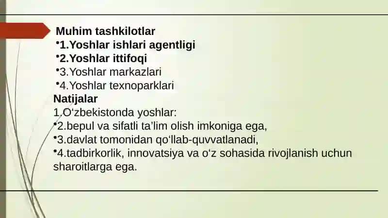 O`zbekistonda yoshlarga oid davlat siyosati va asosiy mazmuni.Barkamol avlod tarbiyalashning asosiy yo`nalishlari 4